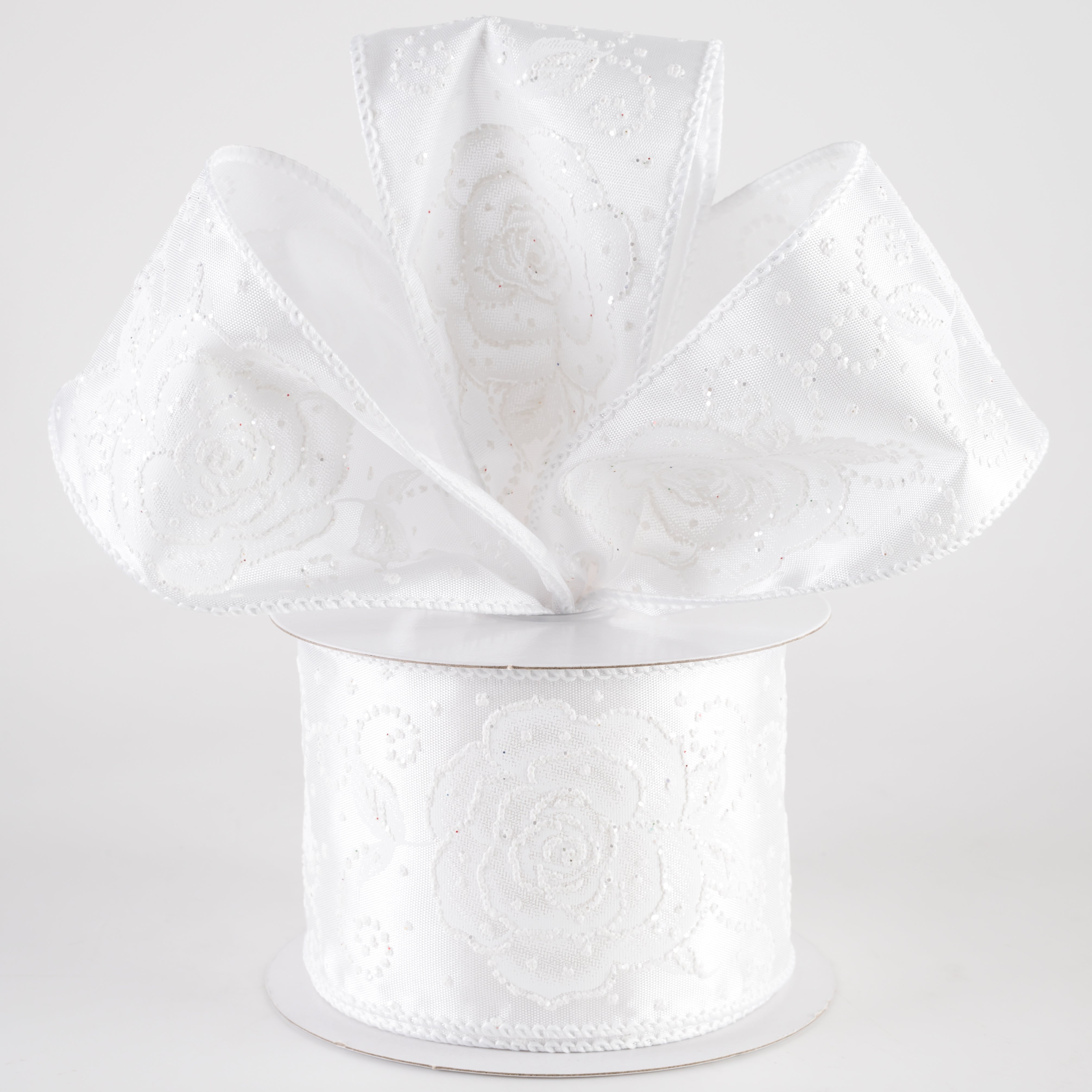 2.5" Rose with Pearl Dots Satin Ribbon: White (10 Yards) Lifestyle Photo