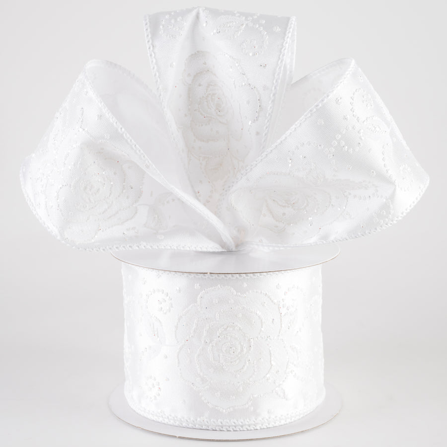 2.5" Rose with Pearl Dots Satin Ribbon: White (10 Yards) Lifestyle Photo