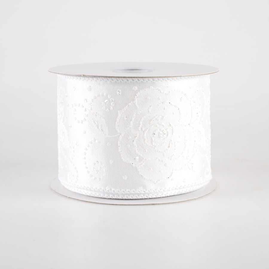 2.5" Rose with Pearl Dots Satin Ribbon: White (10 Yards)