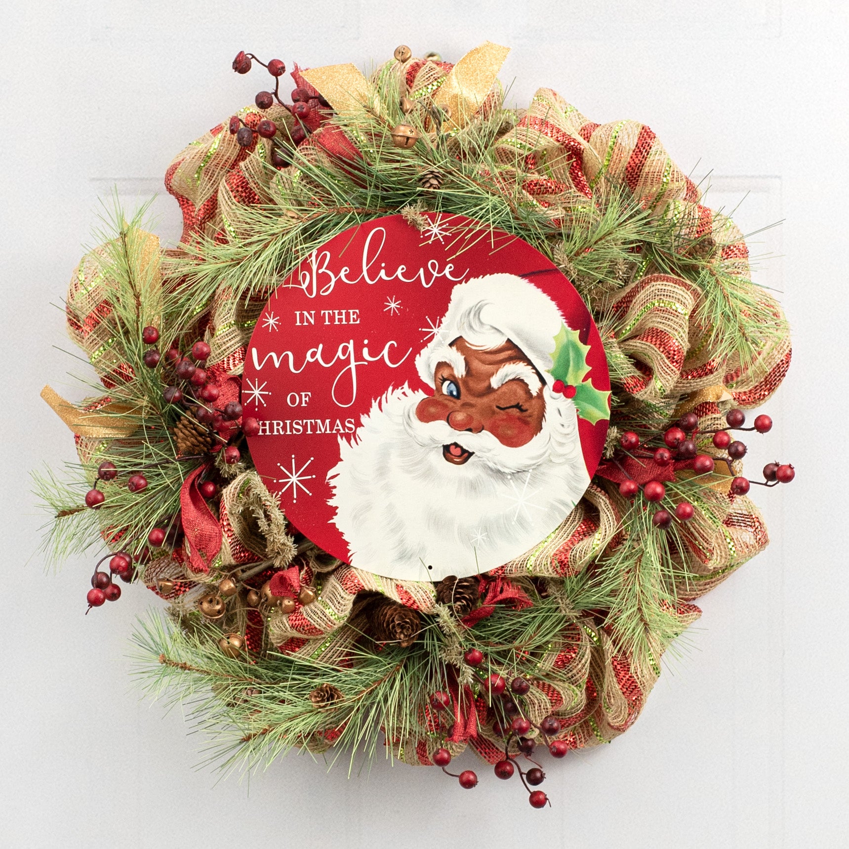 12" Round Metal Sign: Brown Santa Believe Lifestyle Photo