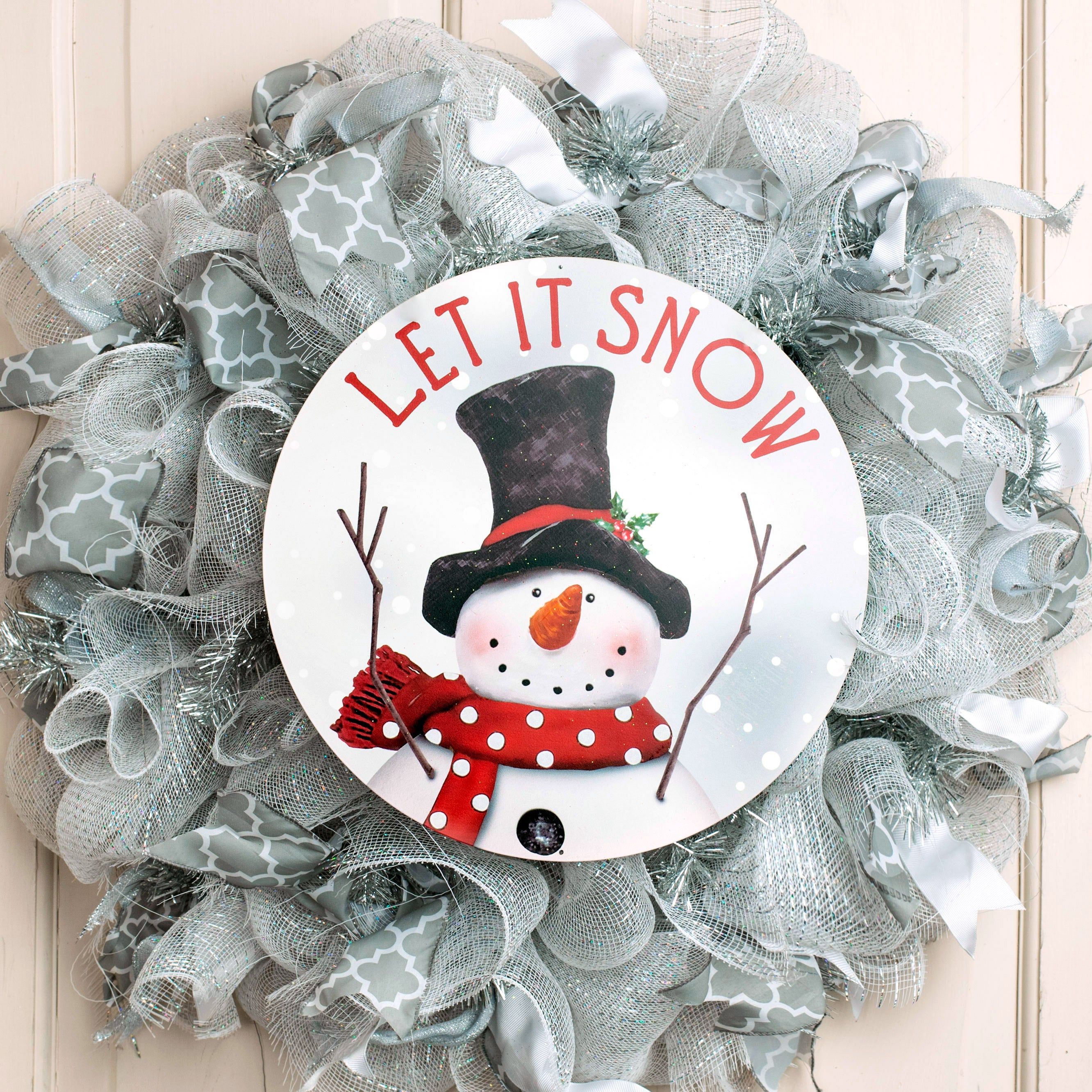 12" Round Metal Sign: Let It Snow Snowman Lifestyle Photo