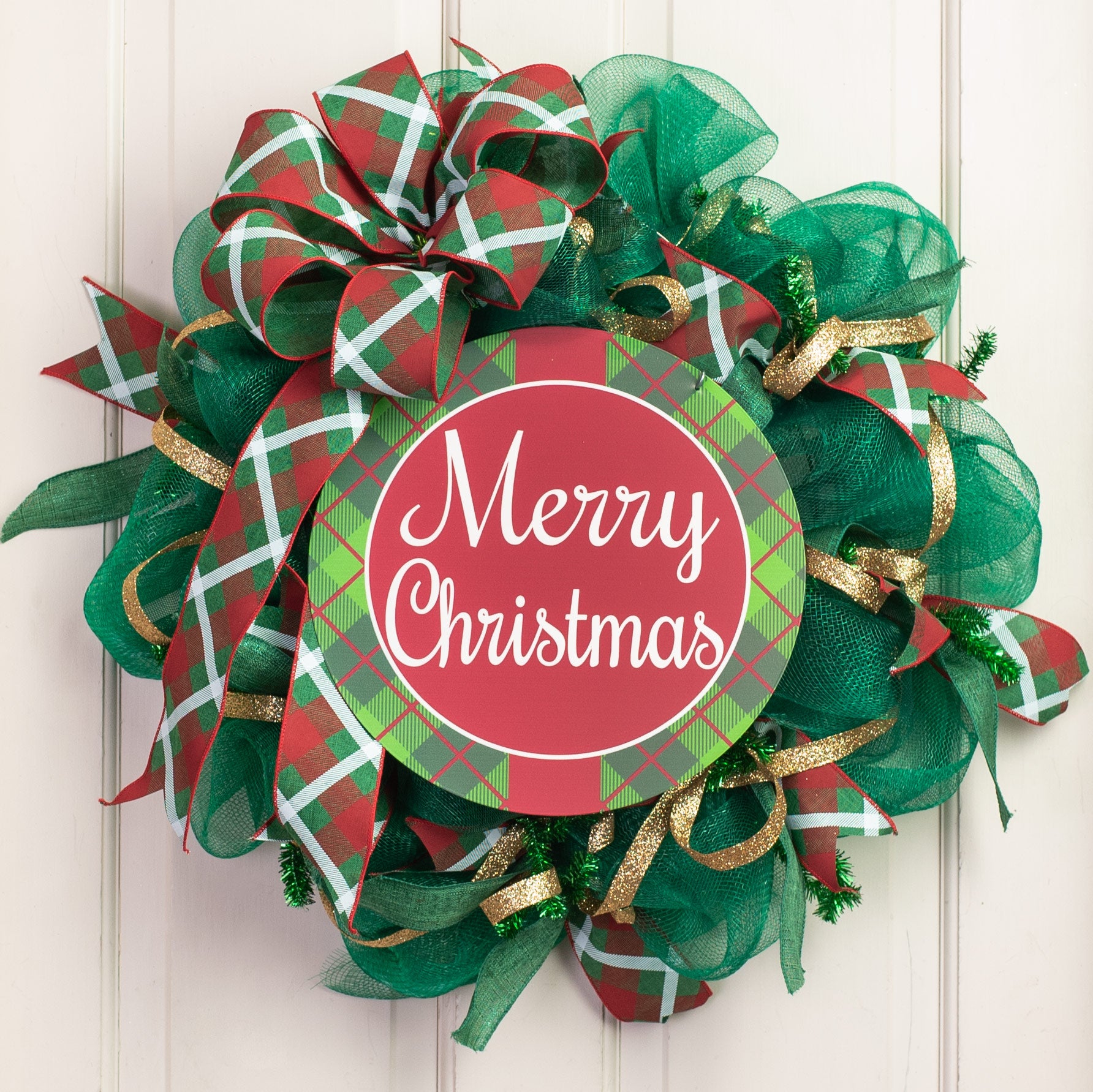 12" Round Metal Sign: Merry Christmas Plaid Lifestyle Photo