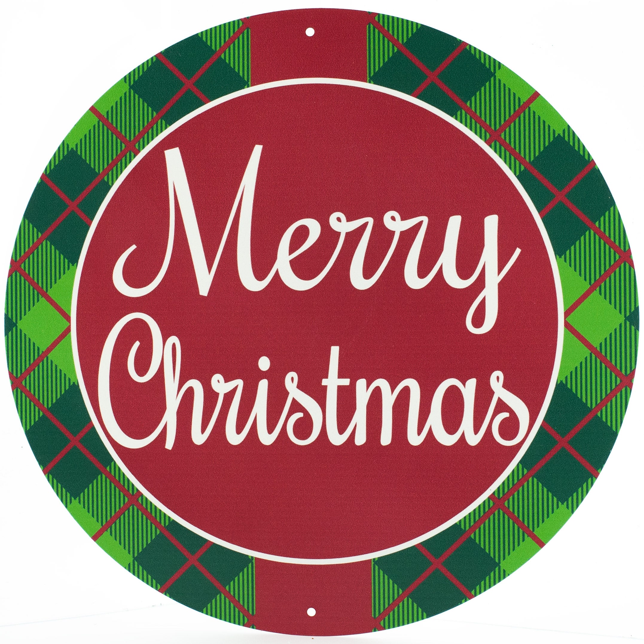 12" Round Metal Sign: Merry Christmas Plaid Item Number: AP0145
