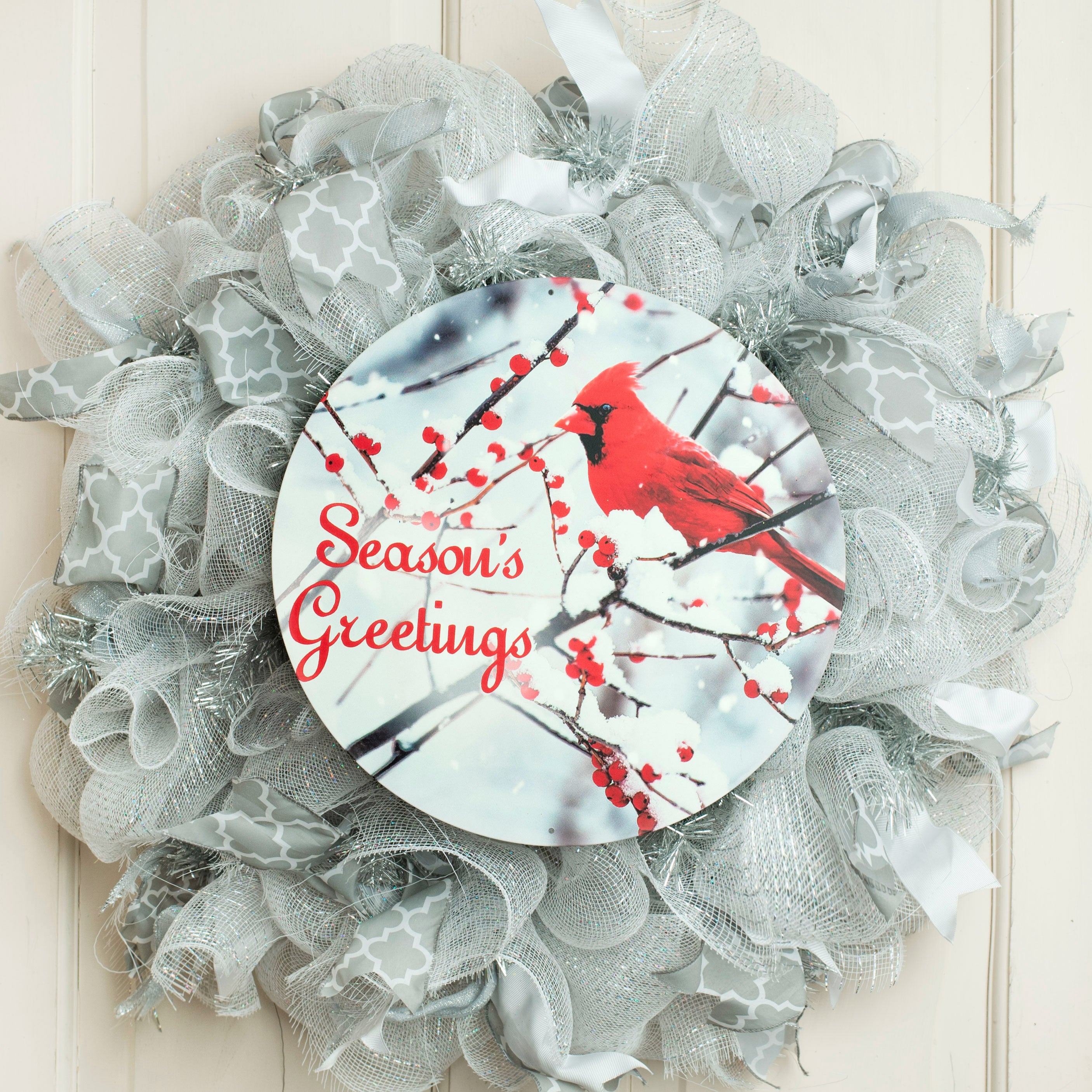 12" Round Metal Sign: Season's Greetings Cardinal Lifestyle Photo