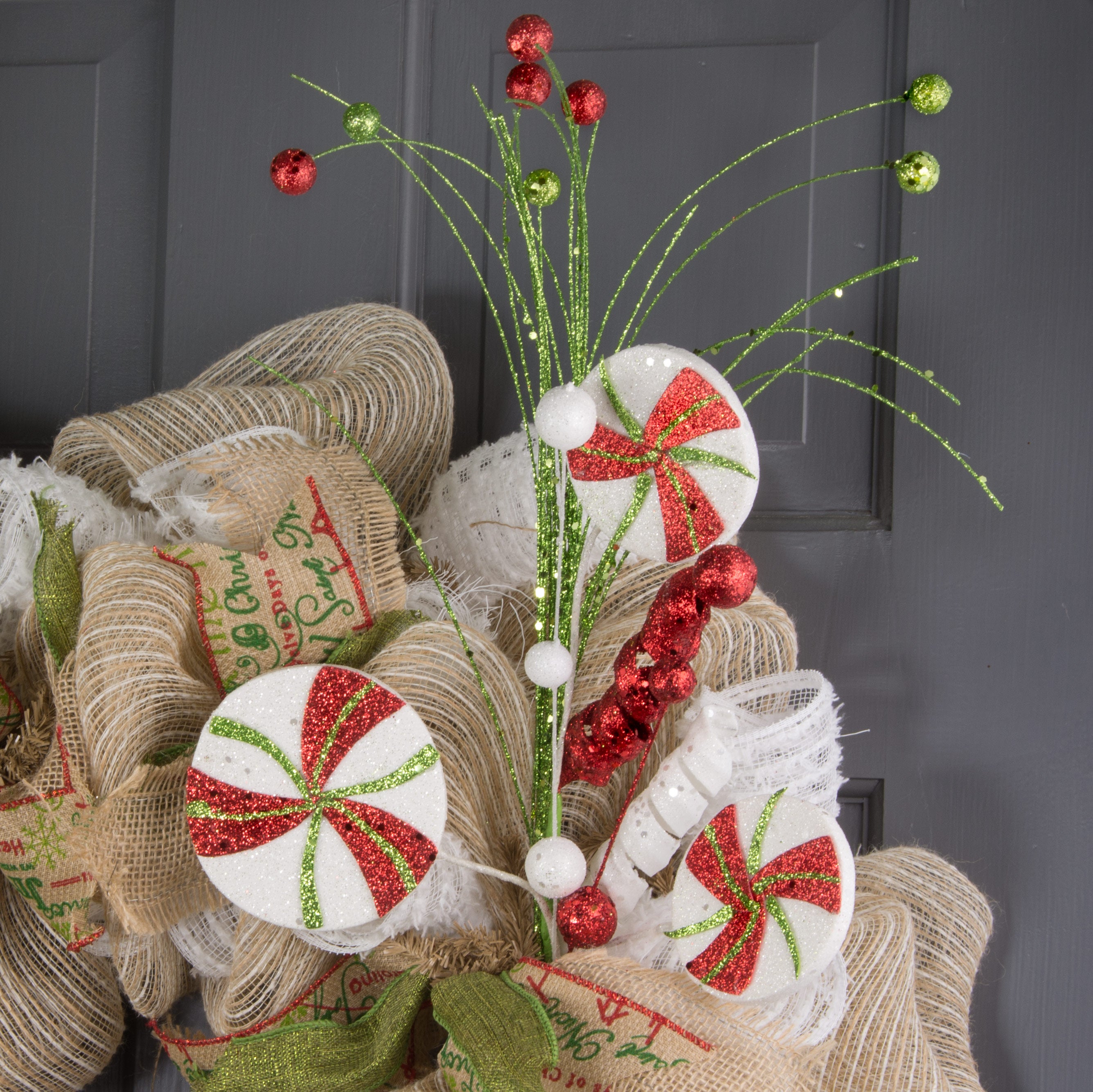 25" Round Peppermint Candy Pick: Red, White, Lime Green detail photo 3