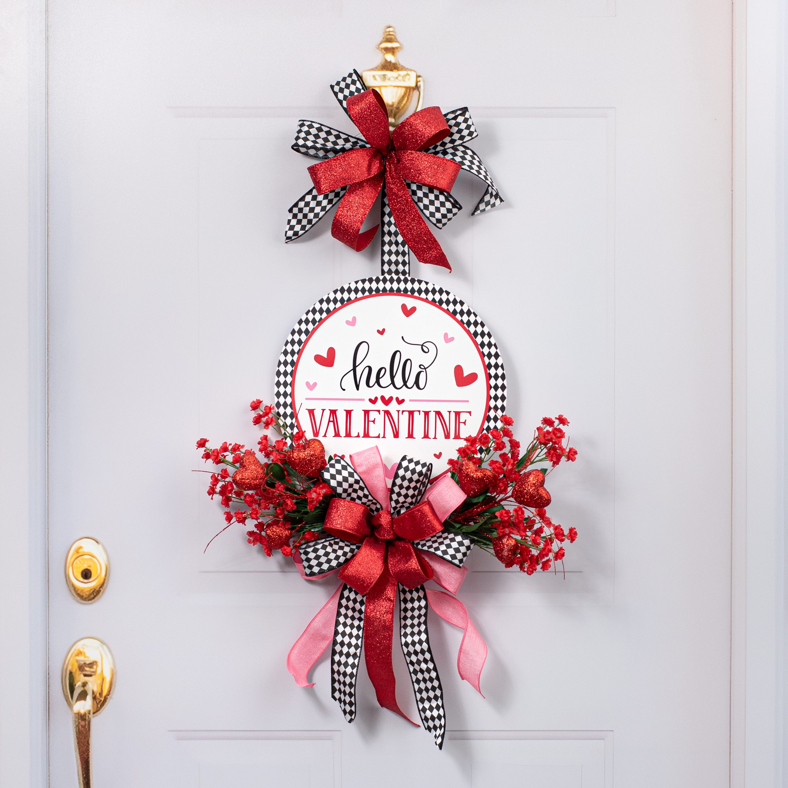 12" Round Waterproof BowTie Sign™: Hello Valentine Harlequin Lifestyle Photo