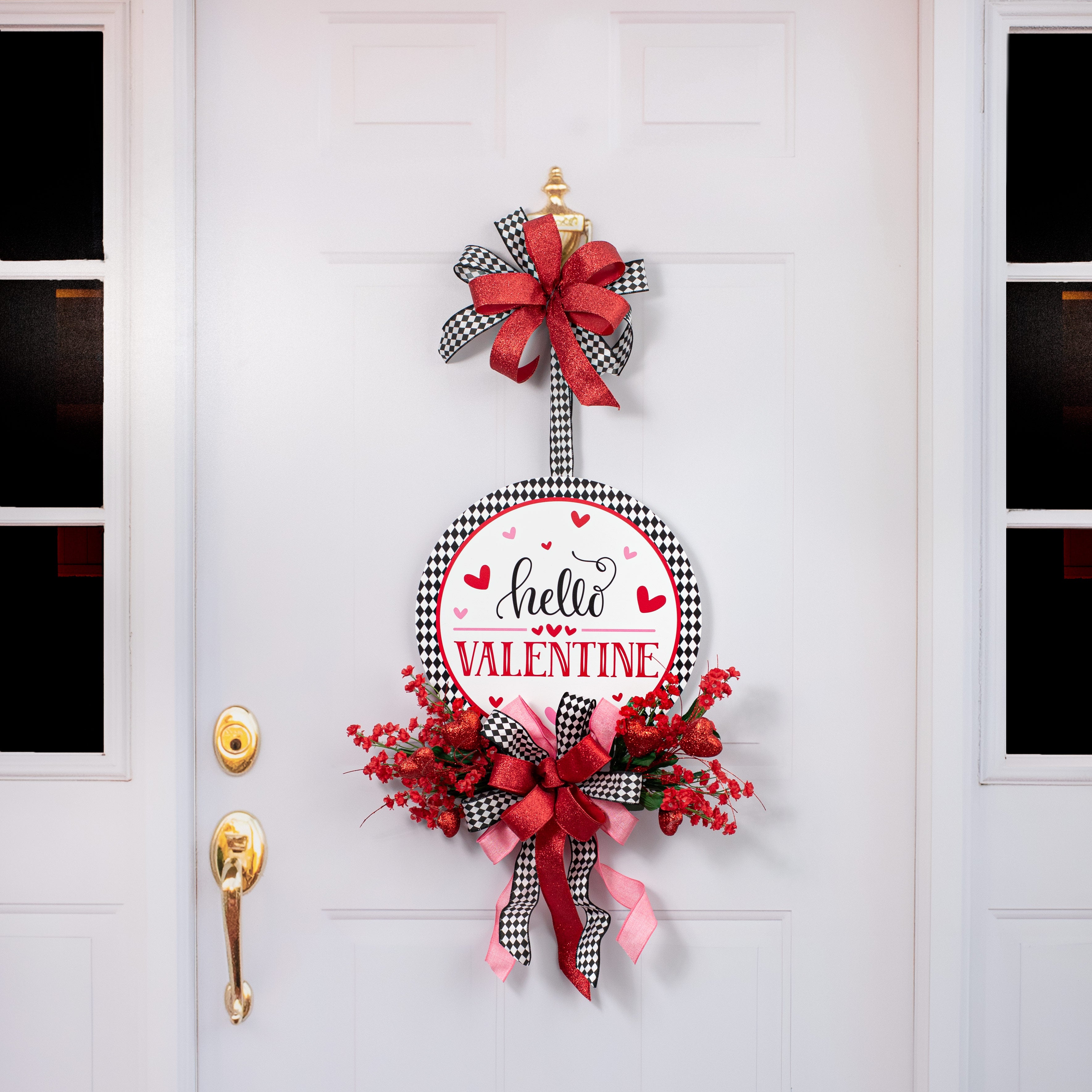 14" Round Waterproof BowTie Sign™: Hello Valentine Harlequin detail photo 4