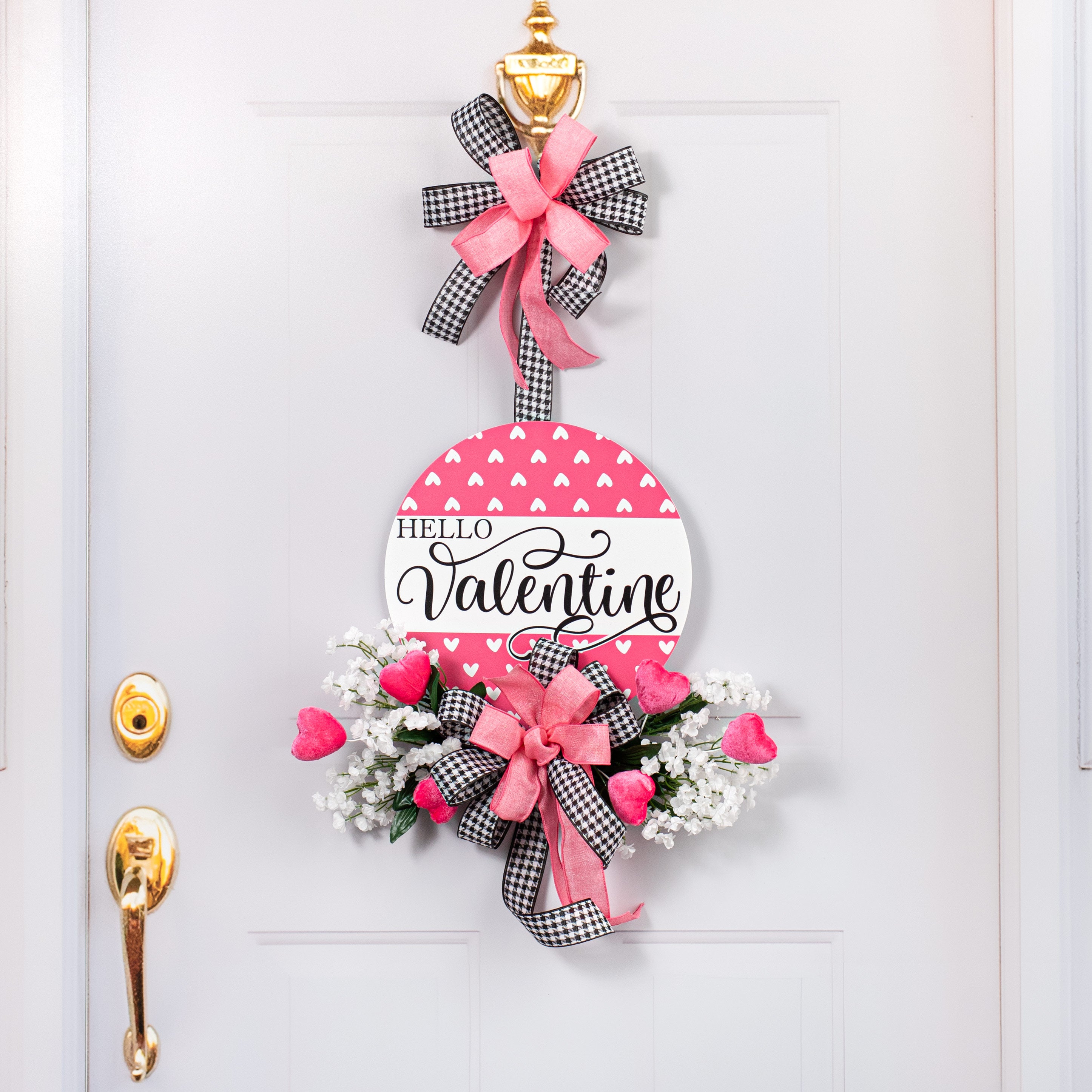 12" Round Waterproof BowTie Sign™: Pink Hearts Hello Valentine Lifestyle Photo