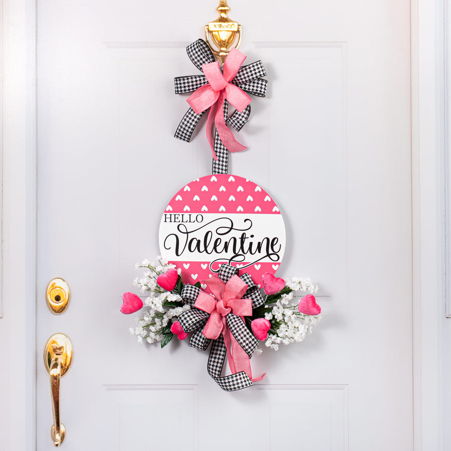 12" Round Waterproof BowTie Sign™: Pink Hearts Hello Valentine Lifestyle Photo