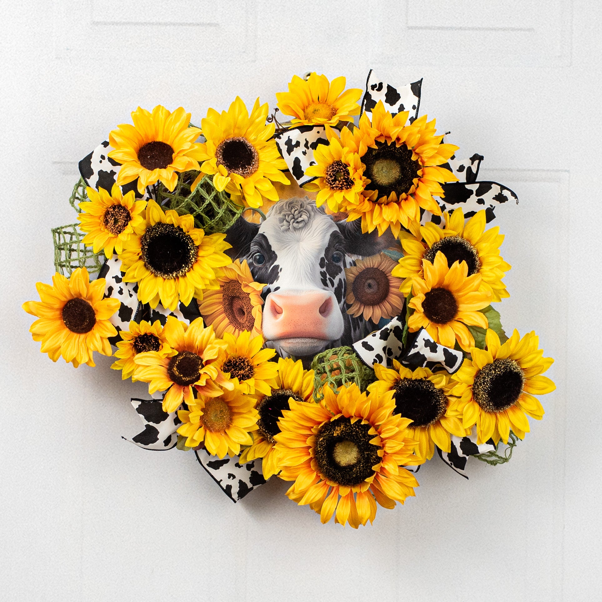 9.4" Round Waterproof Accent: Peeking Sunflower Cow Lifestyle Photo