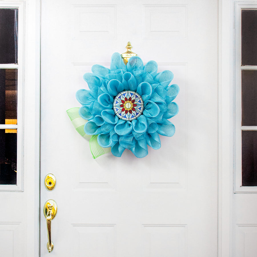 6" Round Waterproof Sign: 3-D Stained Glass Red & Blue Flower detail photo 4