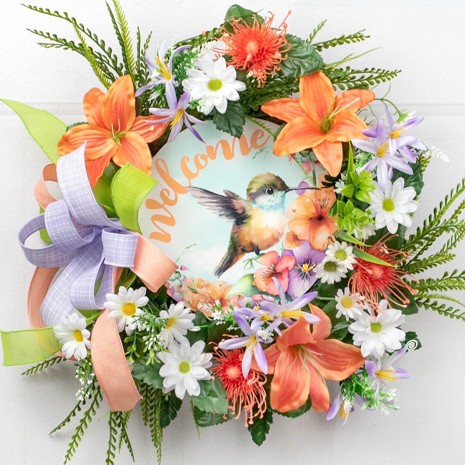 9.4" Round Waterproof Sign: Baby Hummingbird Welcome Blue Lifestyle Photo