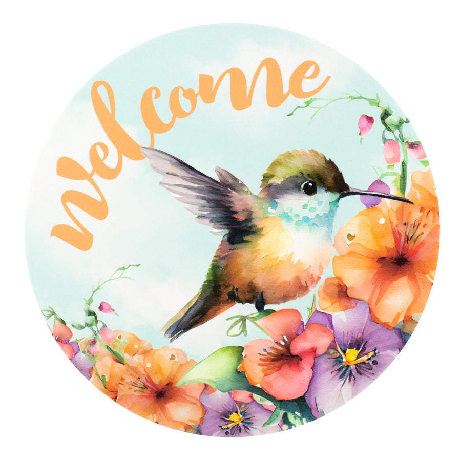 9.4" Round Waterproof Sign: Baby Hummingbird Welcome Blue Item Number: CD1011NH