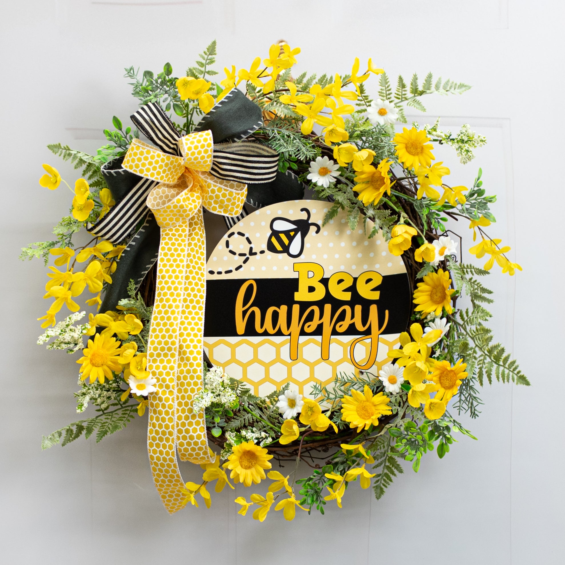 10.5" Round Waterproof Sign: Bee Happy Honeycomb Lifestyle Photo