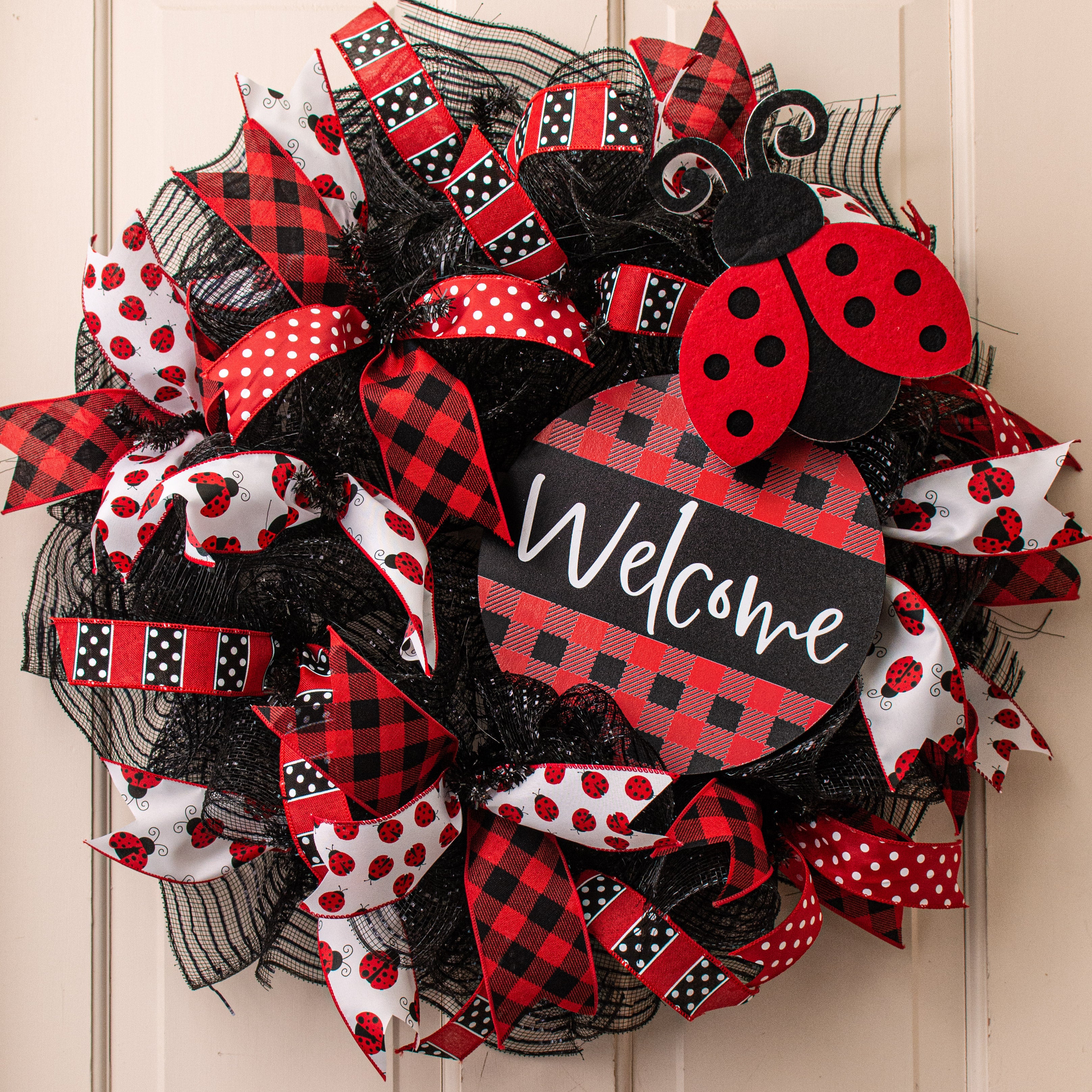 9.4" Round Waterproof Sign: Buffalo Plaid Welcome Red & Black Lifestyle Photo