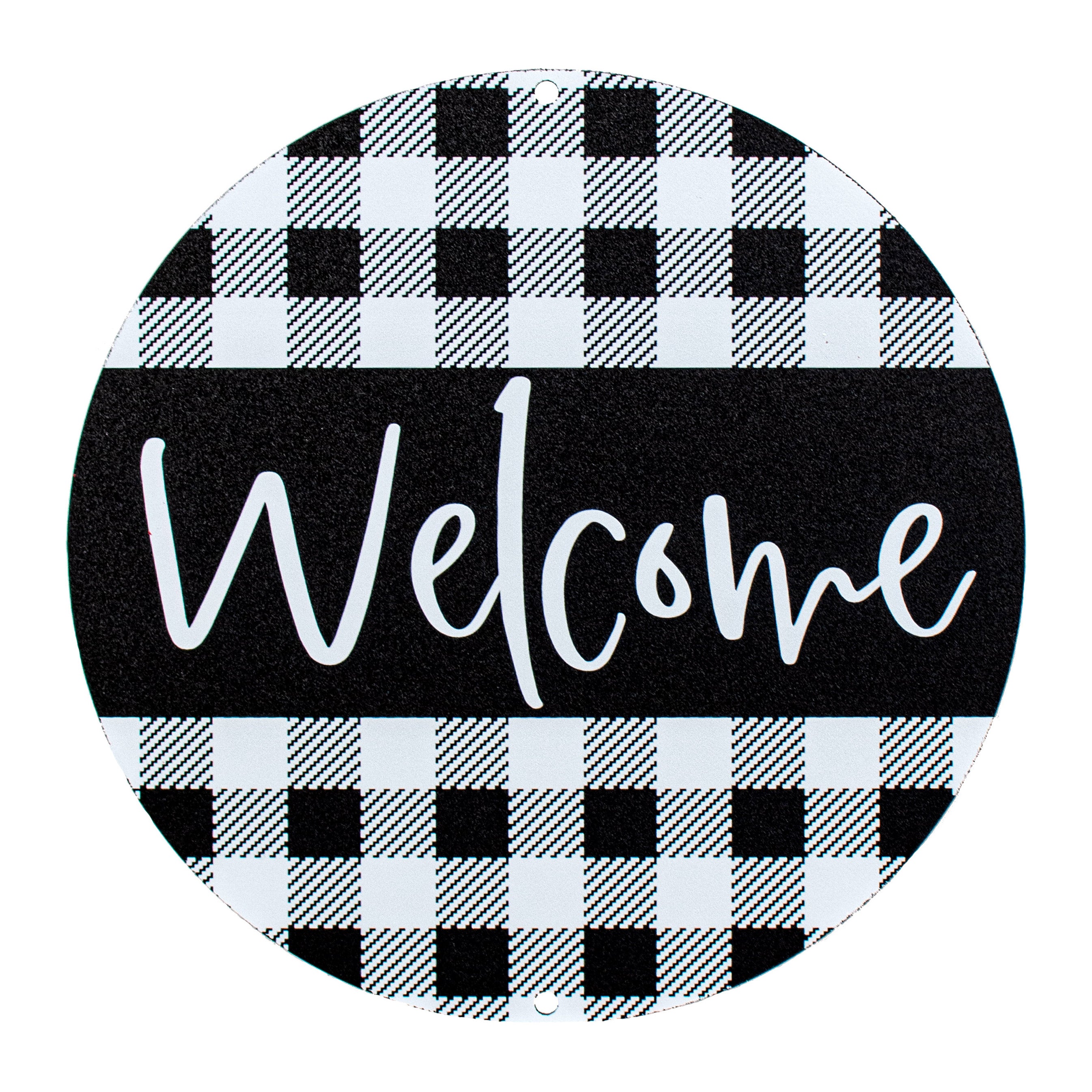 9.4" Round Waterproof Sign: Buffalo Plaid Welcome White & Black Item Number: CD0856AP