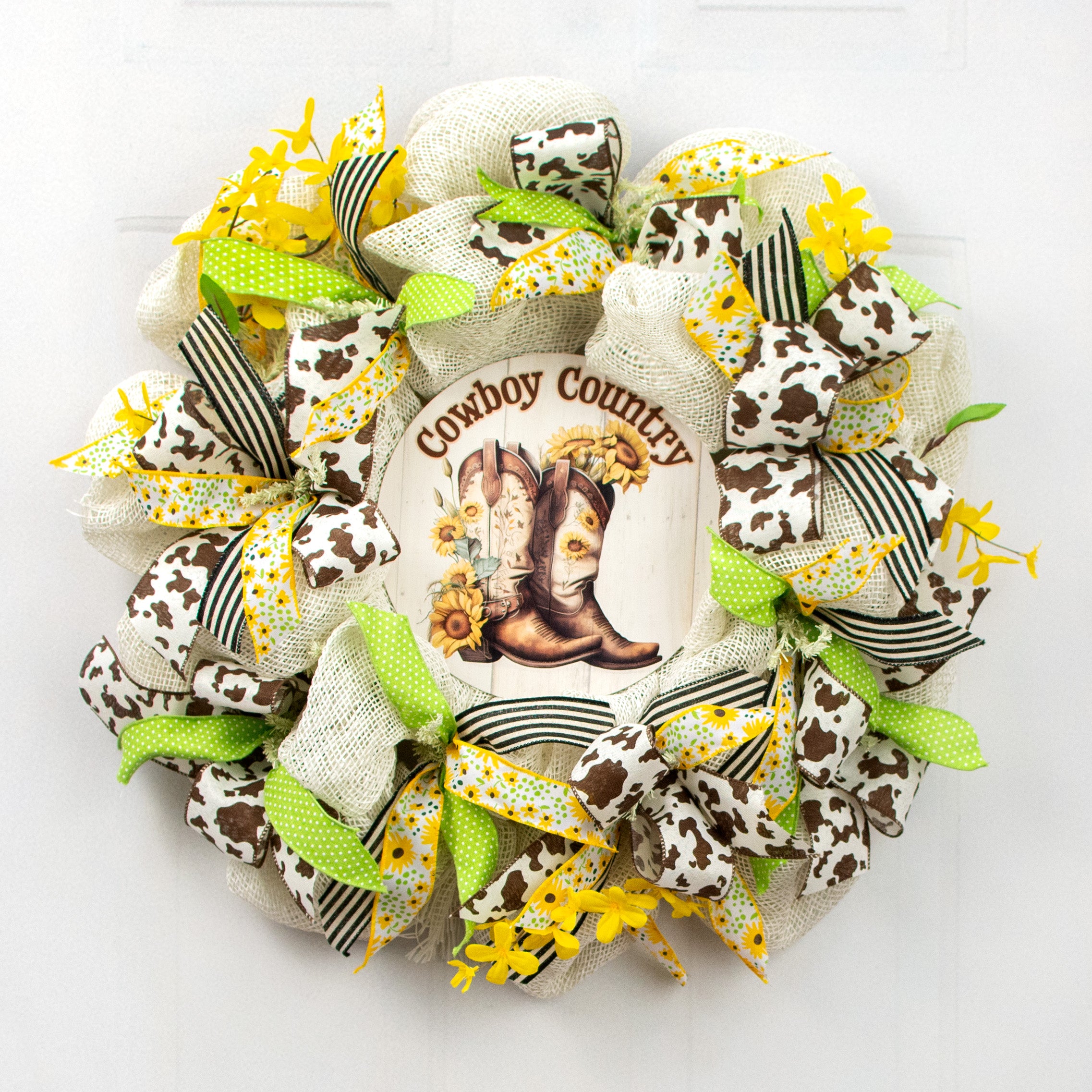 9.4" Round Waterproof Sign: Cowboy Country Sunflower Cowboy Boots Lifestyle Photo