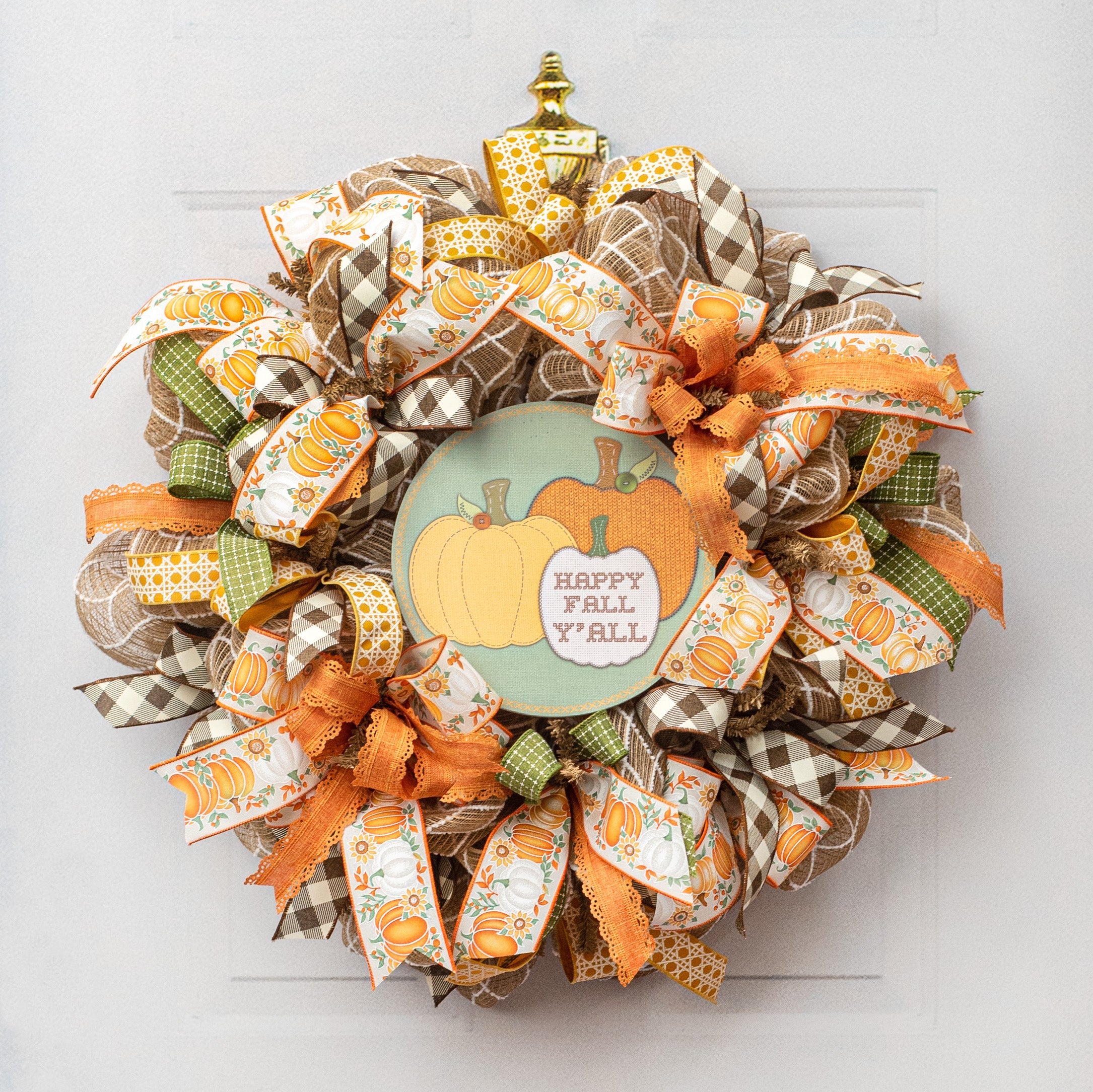 9.4" Round Waterproof Sign: Cross Stitch Fabric Fall Pumpkins Lifestyle Photo