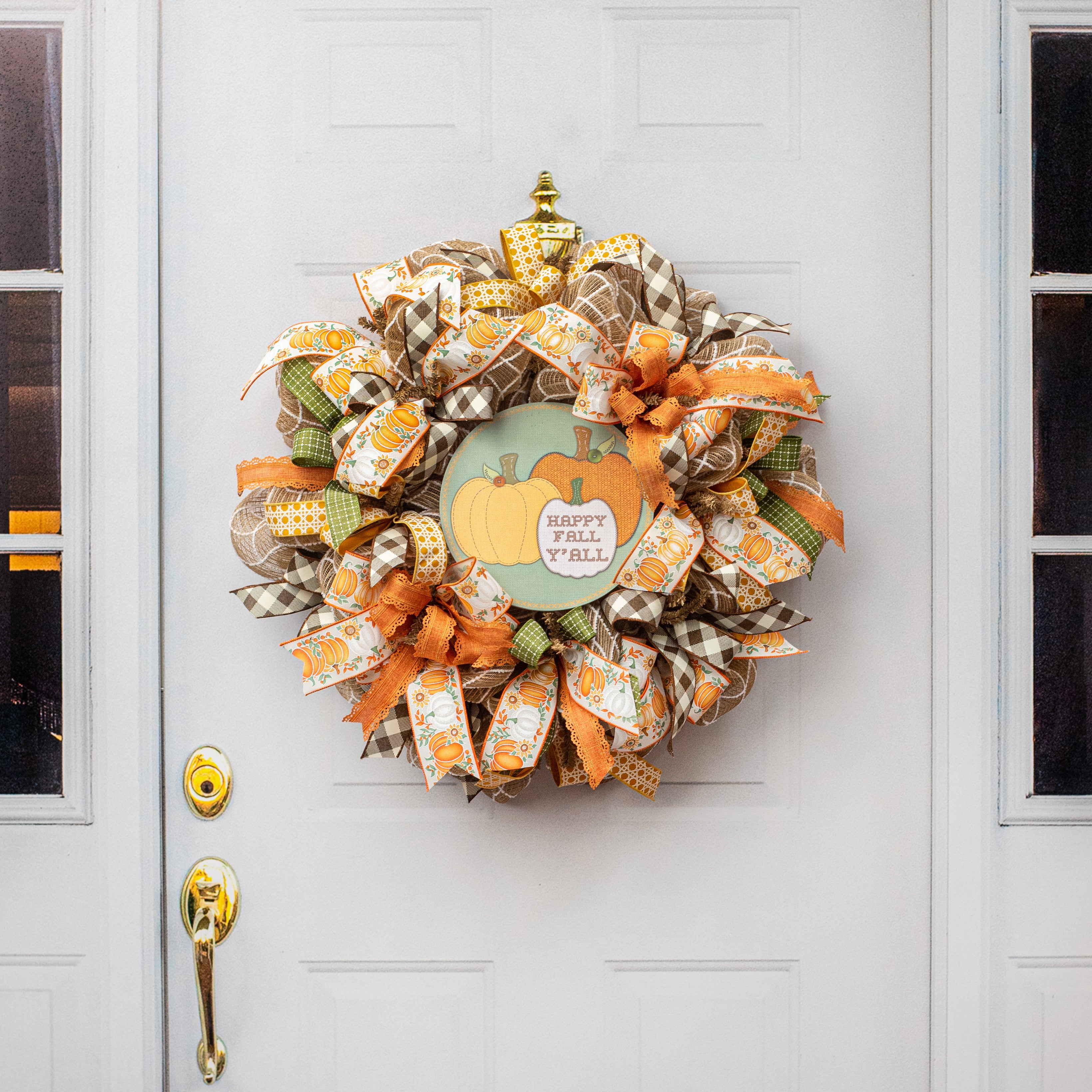 9.4" Round Waterproof Sign: Cross Stitch Fabric Fall Pumpkins detail photo 4