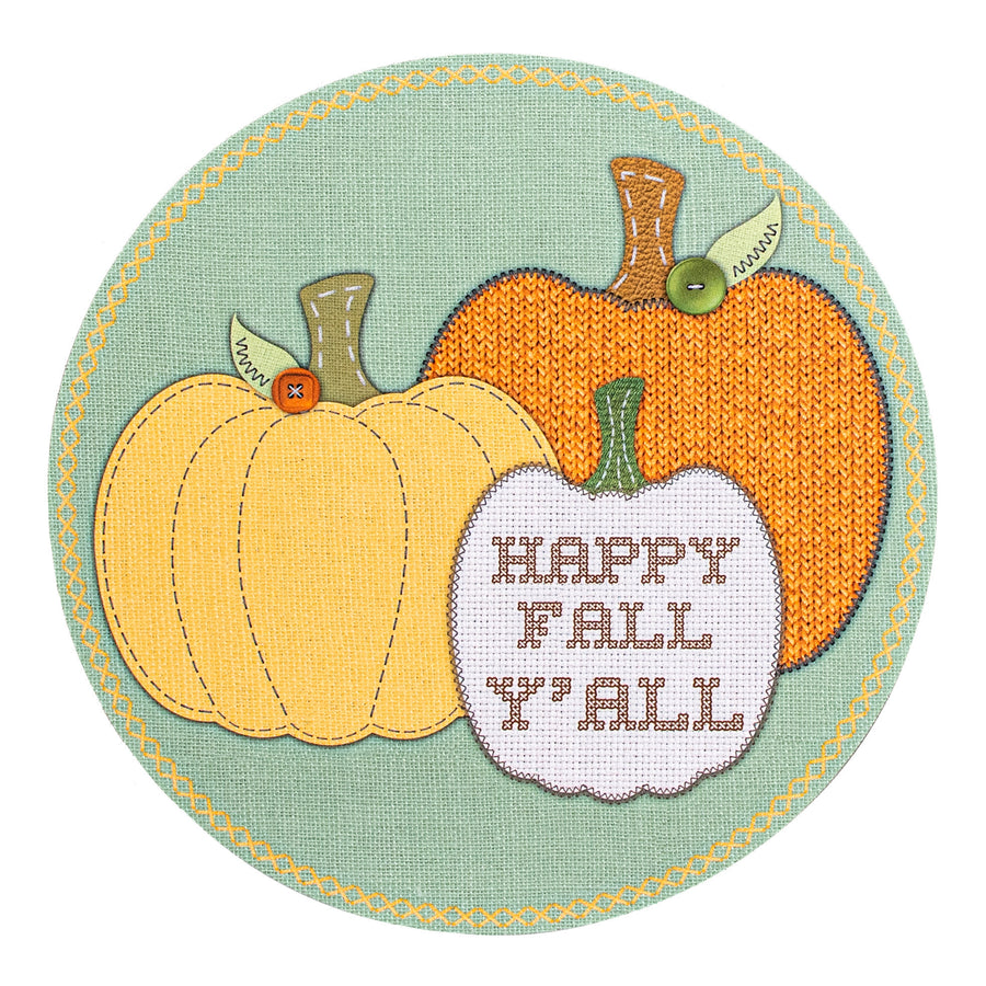 9.4" Round Waterproof Sign: Cross Stitch Fabric Fall Pumpkins Item Number: CD1077NH