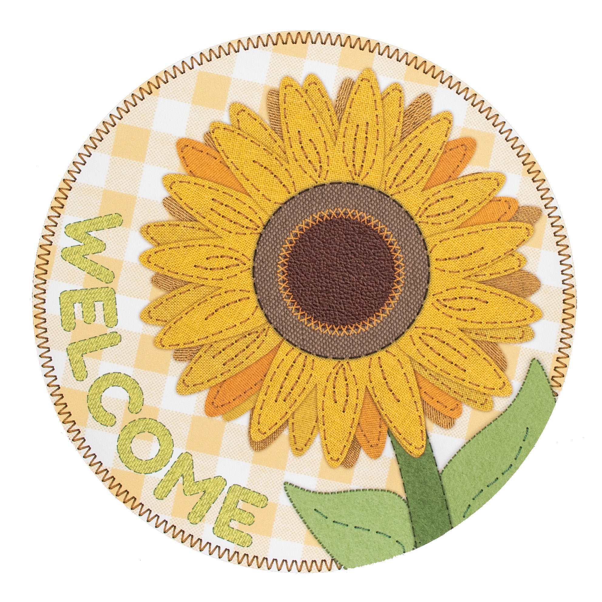 9.4" Round Waterproof Sign: Cross Stitch Fabric Sunflower Item Number: CD1076NH