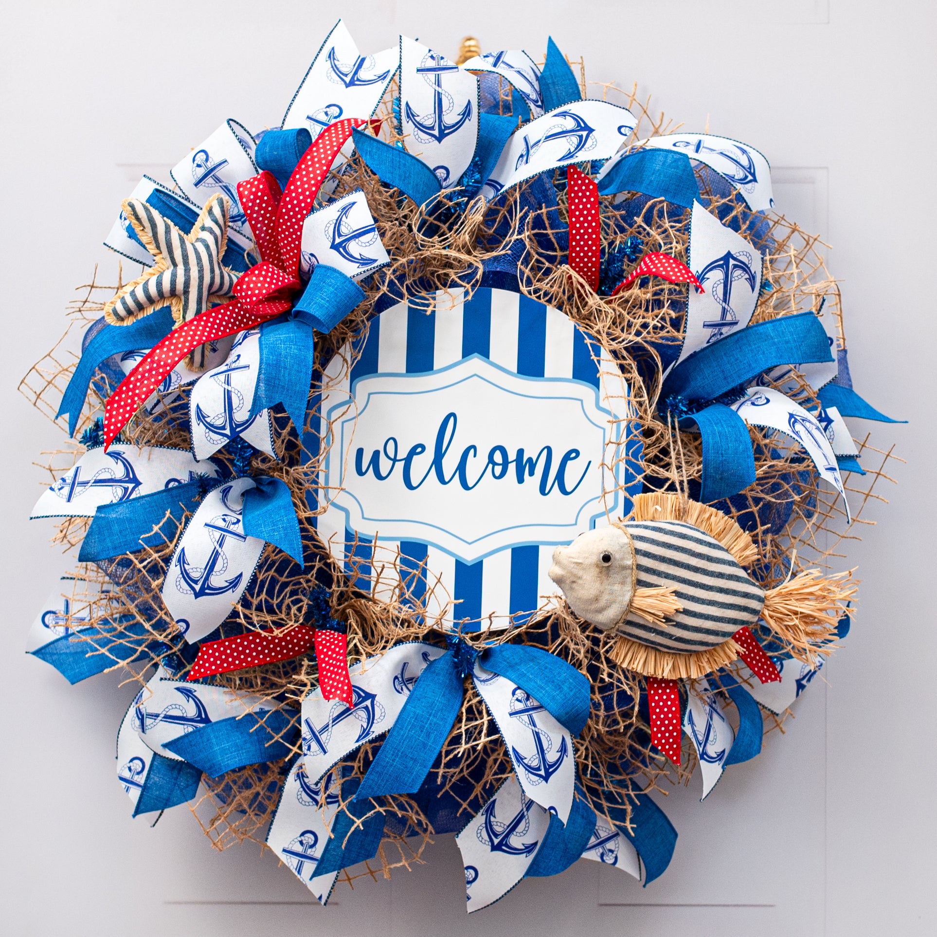 10.5" Round Waterproof Accent Sign: French Blue Scalloped Stripe Welcome Lifestyle Photo