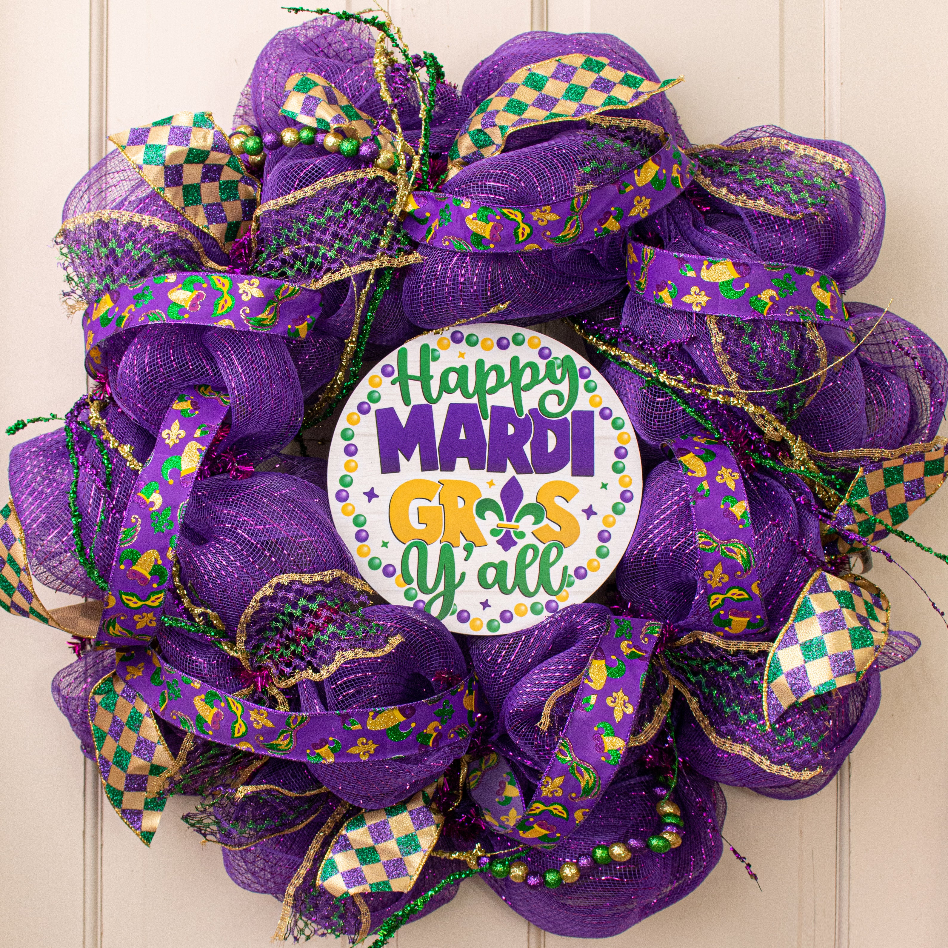8.5" Round Waterproof Sign: Happy Mardi Gras Y'all Lifestyle Photo