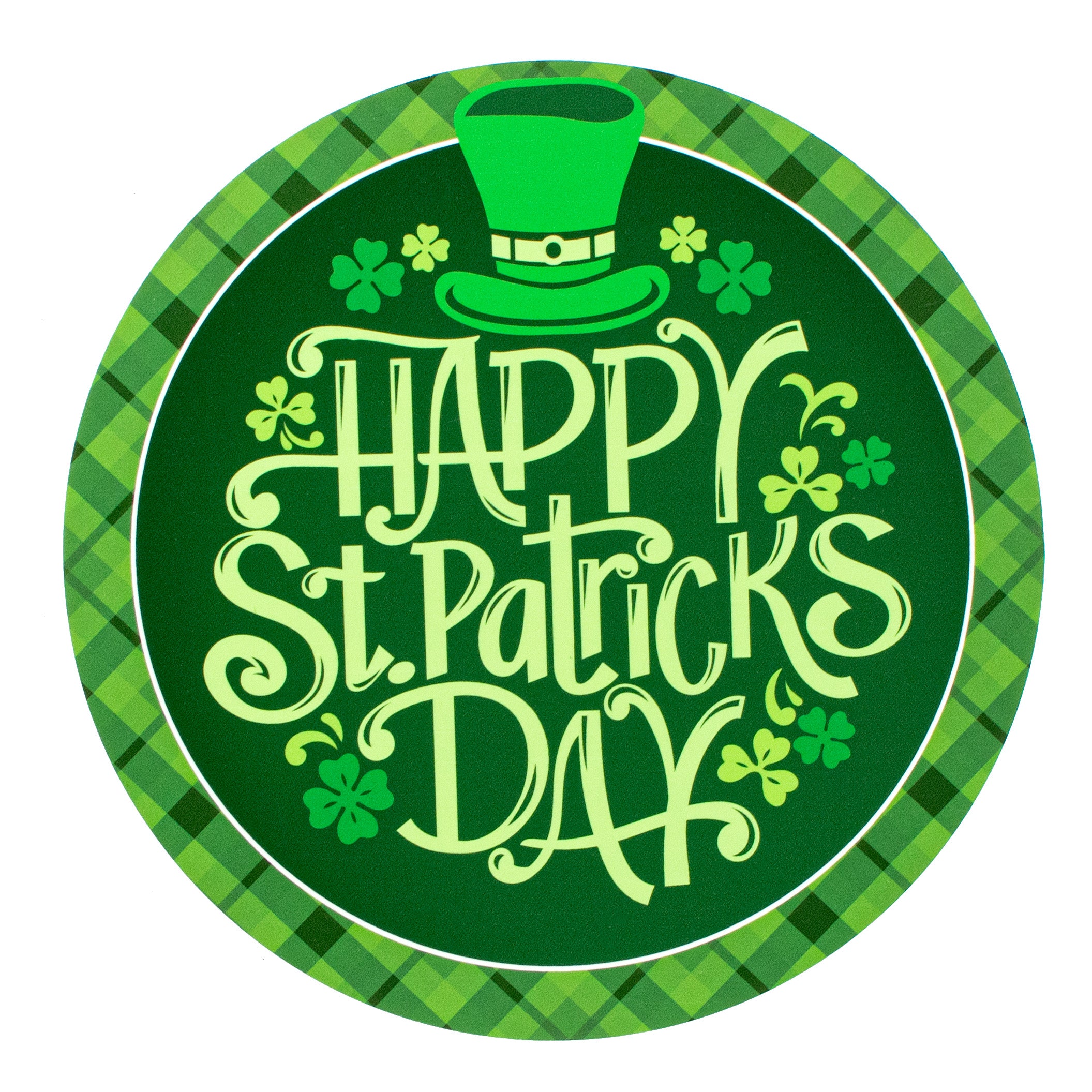 9.4" Round Waterproof Sign: Happy St Patrick's Day Plaid Item Number: CD0979NH