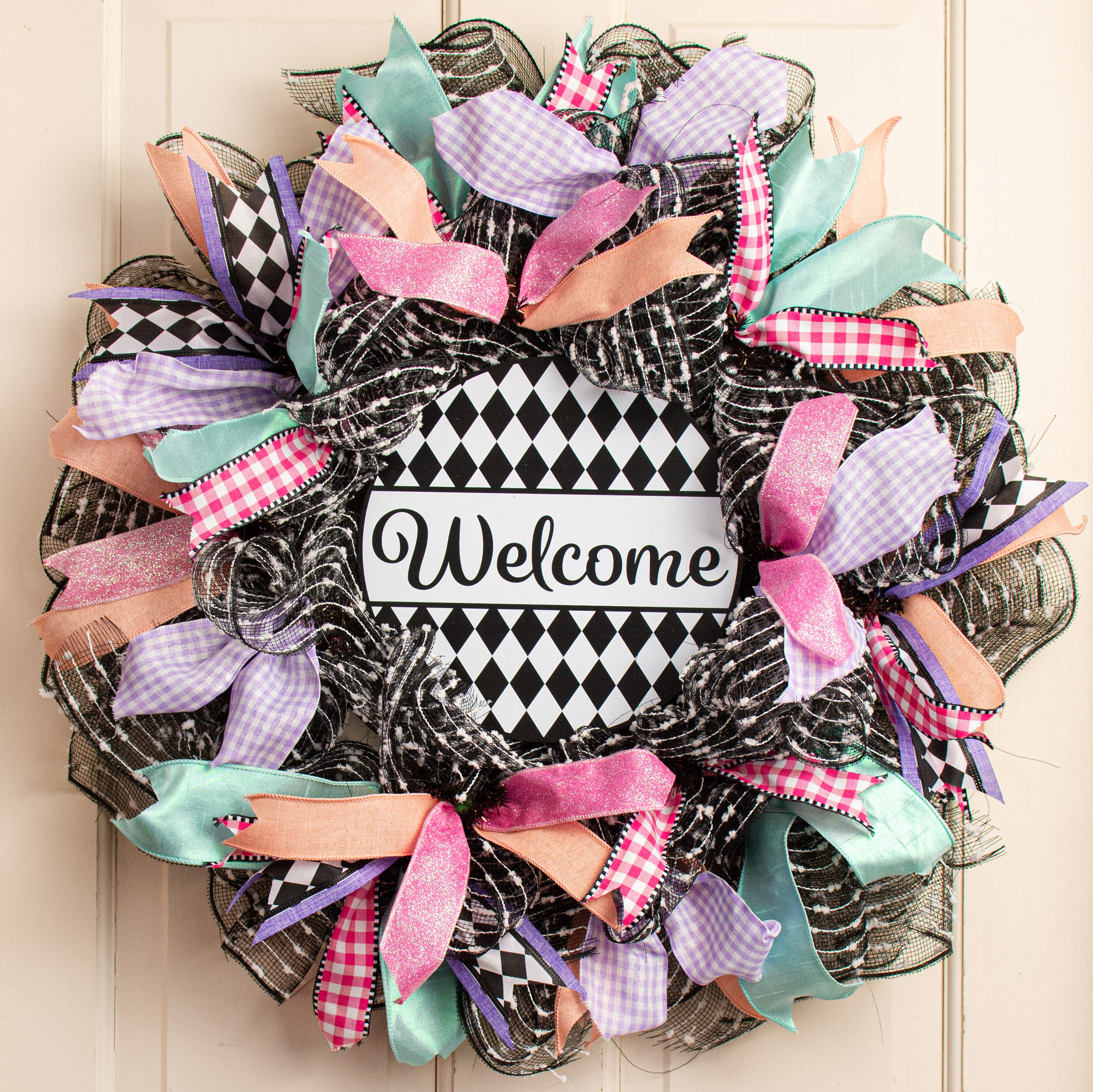 9.4" Round Waterproof Sign: Harlequin Welcome Lifestyle Photo