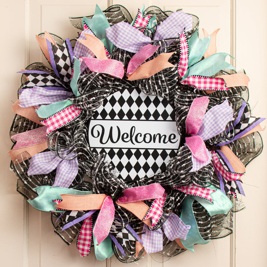 9.4" Round Waterproof Sign: Harlequin Welcome Lifestyle Photo