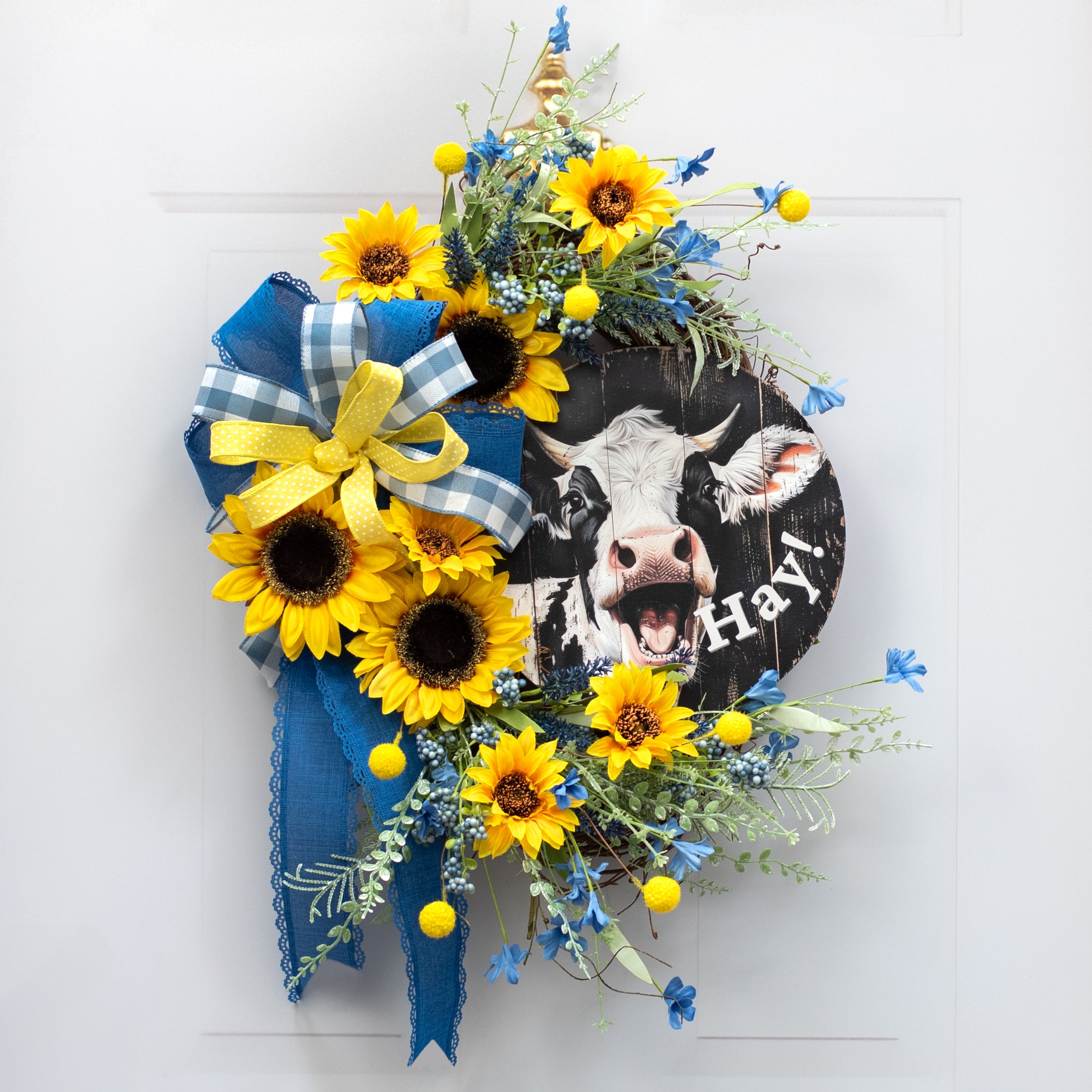 10.5" Round Waterproof Sign: Hay Smiling Cow Lifestyle Photo