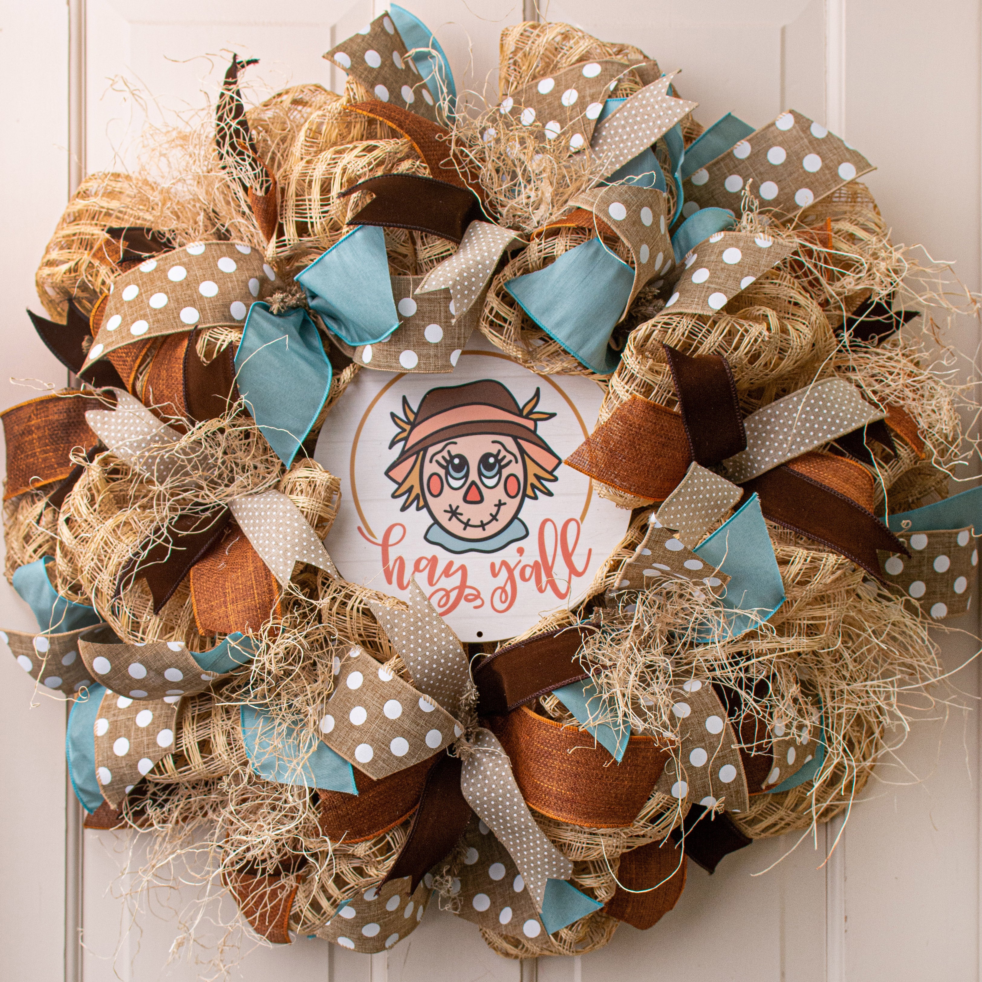 8.5" Round Waterproof Sign: Hay Y'all Scarecrow Lifestyle Photo