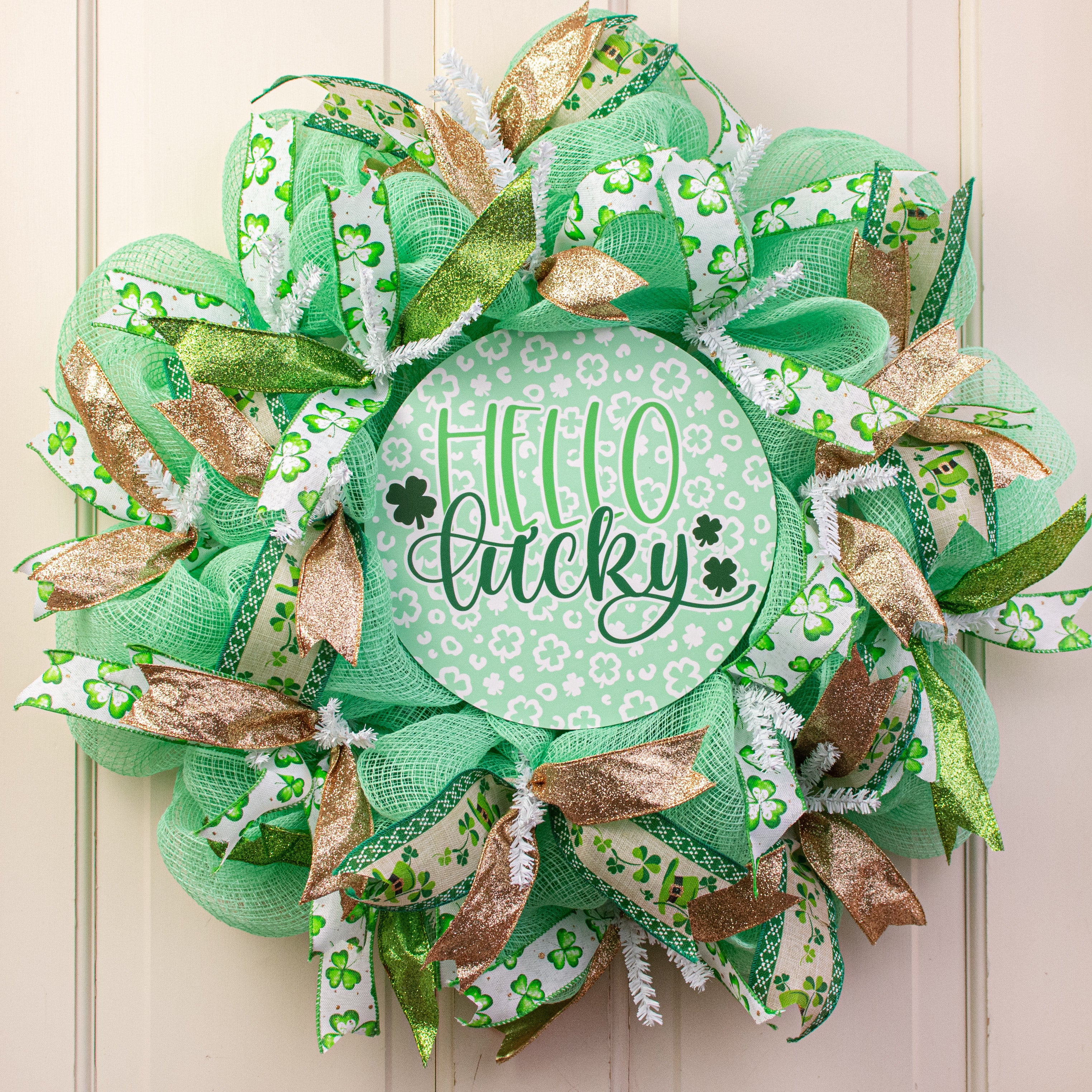 9.4" Round Waterproof Sign: Hello Lucky Leopard Shamrock Lifestyle Photo