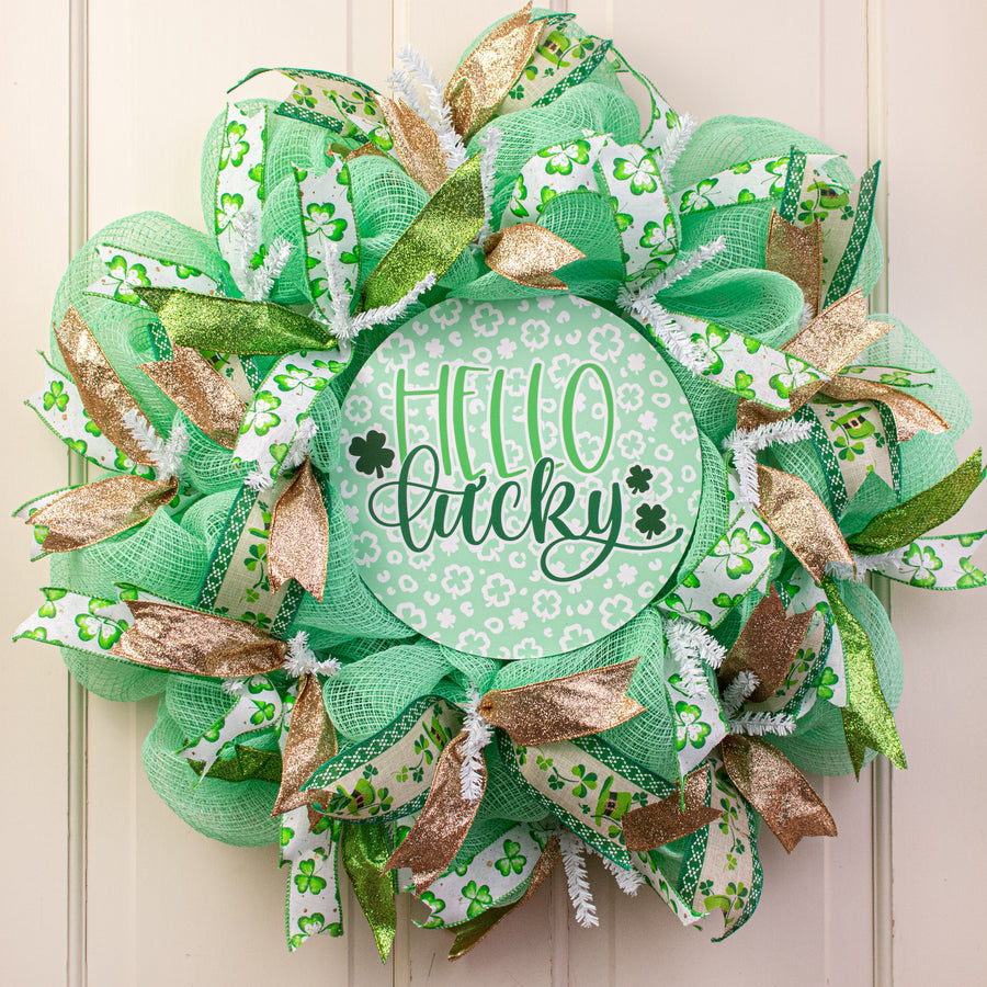 9.4" Round Waterproof Sign: Hello Lucky Leopard Shamrock Lifestyle Photo