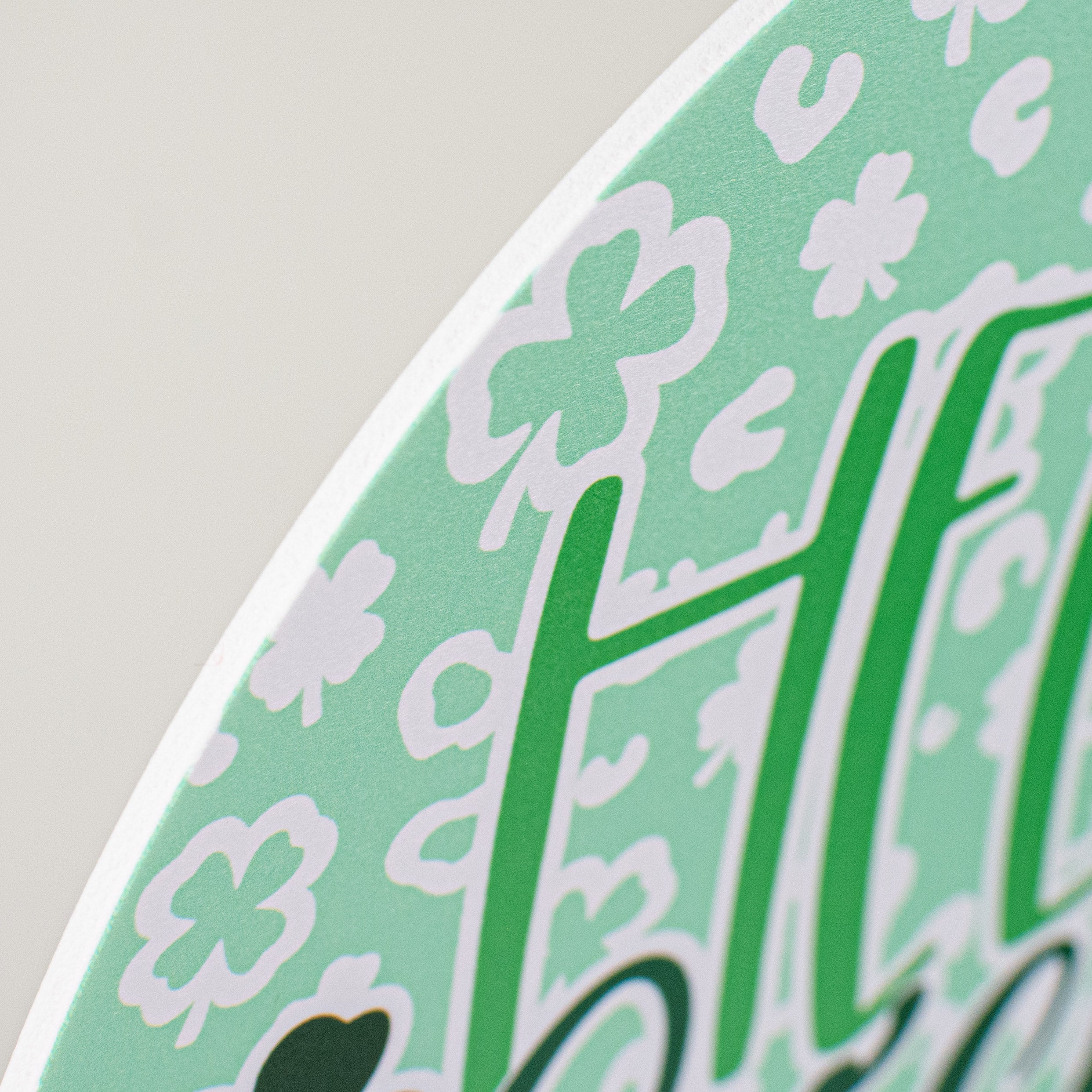9.4" Round Waterproof Sign: Hello Lucky Leopard Shamrock detail photo 3