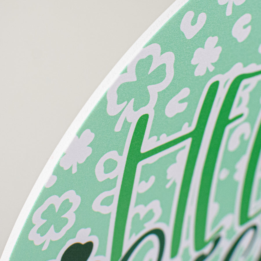 9.4" Round Waterproof Sign: Hello Lucky Leopard Shamrock detail photo 3