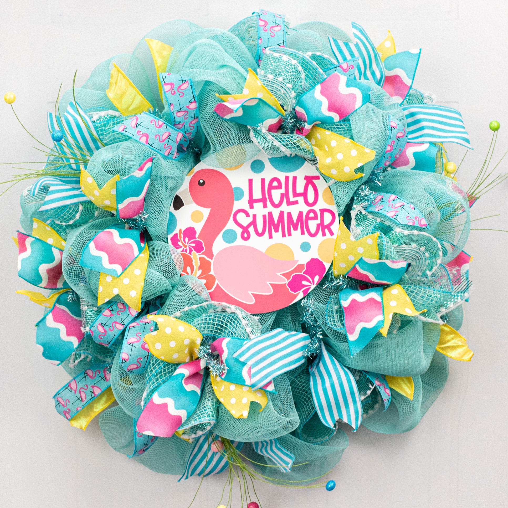 9.4" Round Waterproof Sign: Hello Summer Flamingo Lifestyle Photo