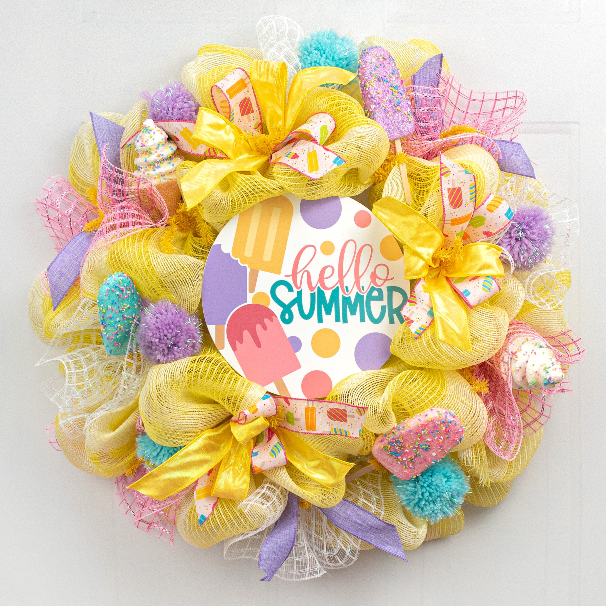 9.4" Round Waterproof Sign: Hello Summer Popsicles Lifestyle Photo