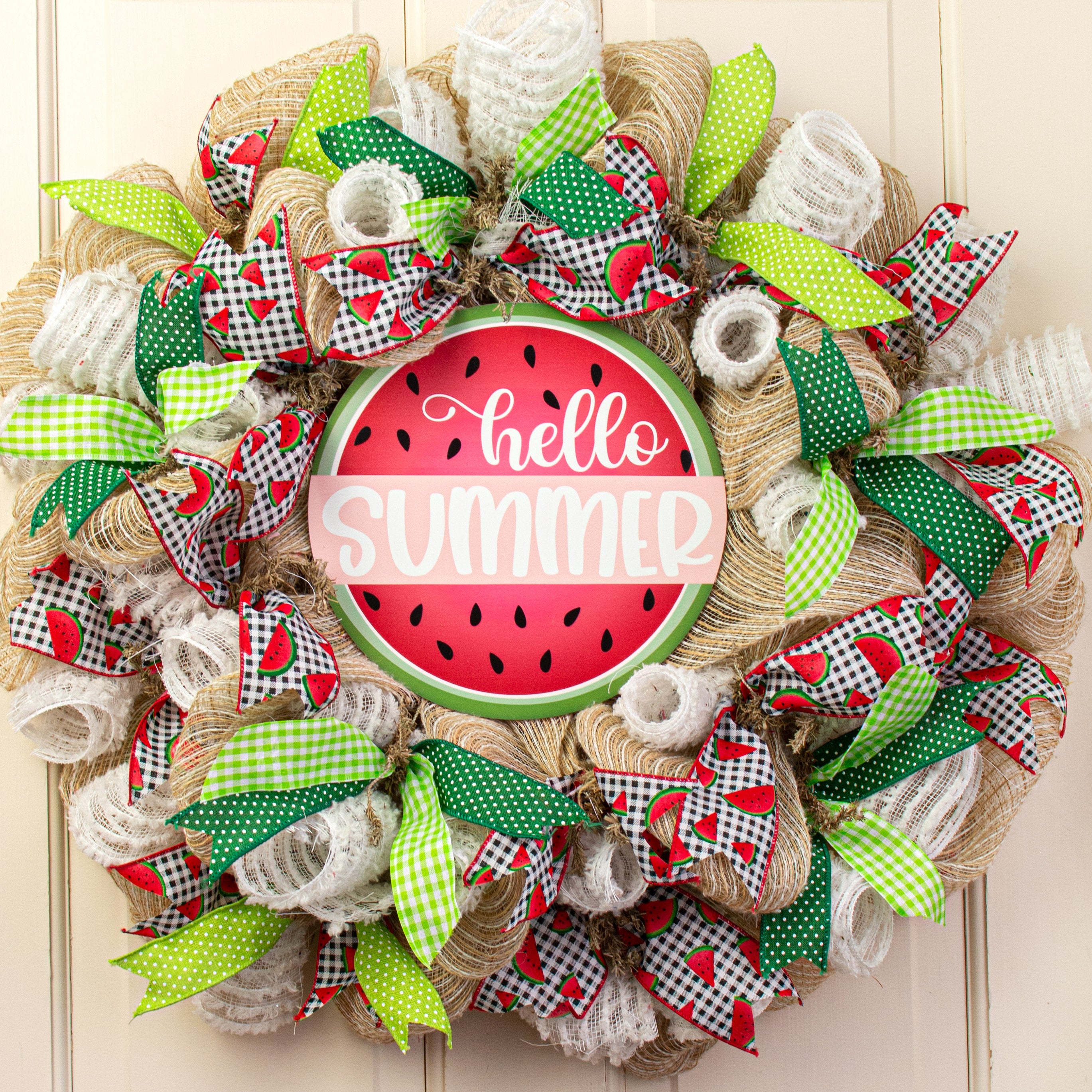 9.4" Round Waterproof Sign: Hello Summer Watermelon Lifestyle Photo