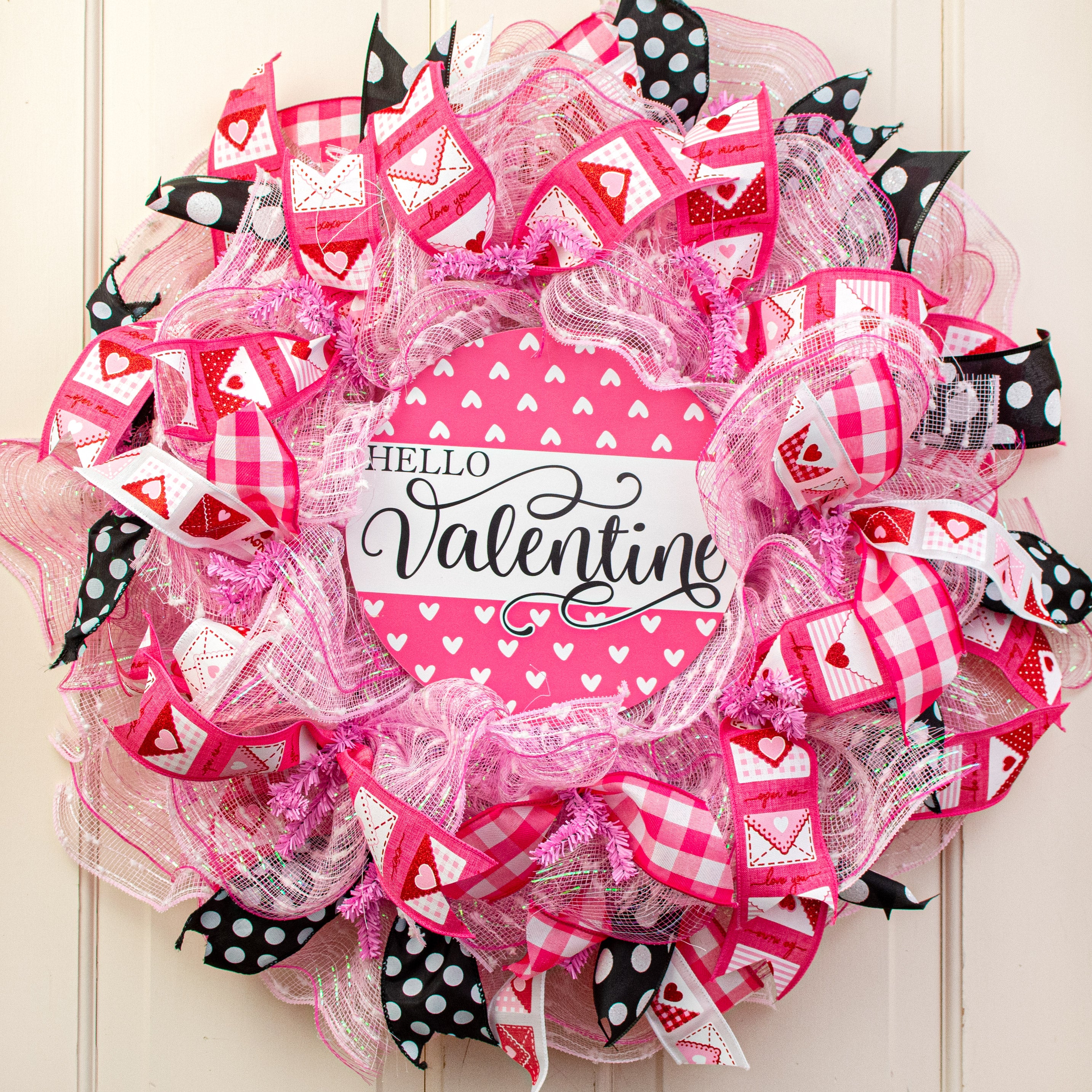 9.4" Round Waterproof Sign: Hello Valentine Pink Hearts Lifestyle Photo