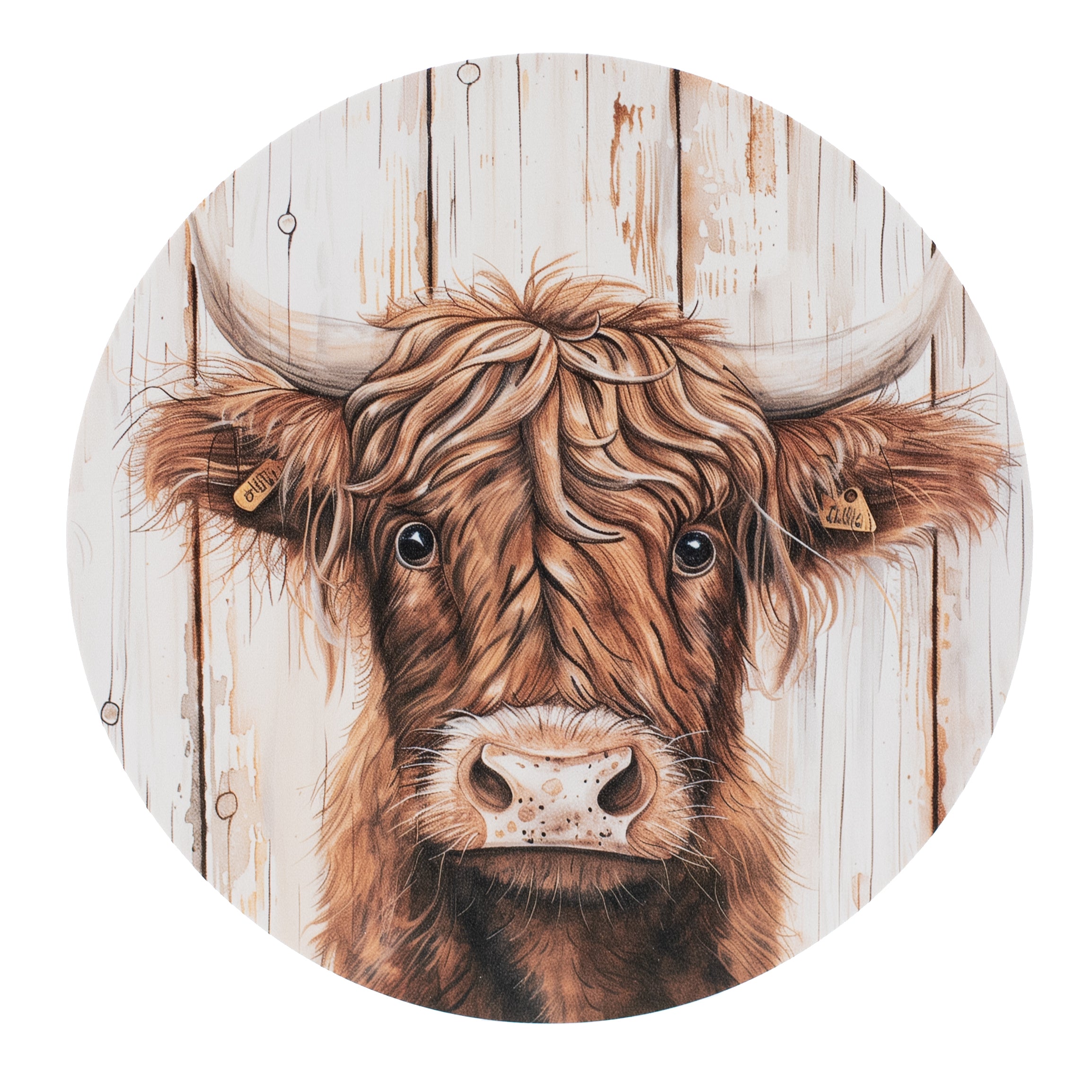 10.5" Round Waterproof Accent Sign: Highland Cow on Wood Item Number: CD1111NH