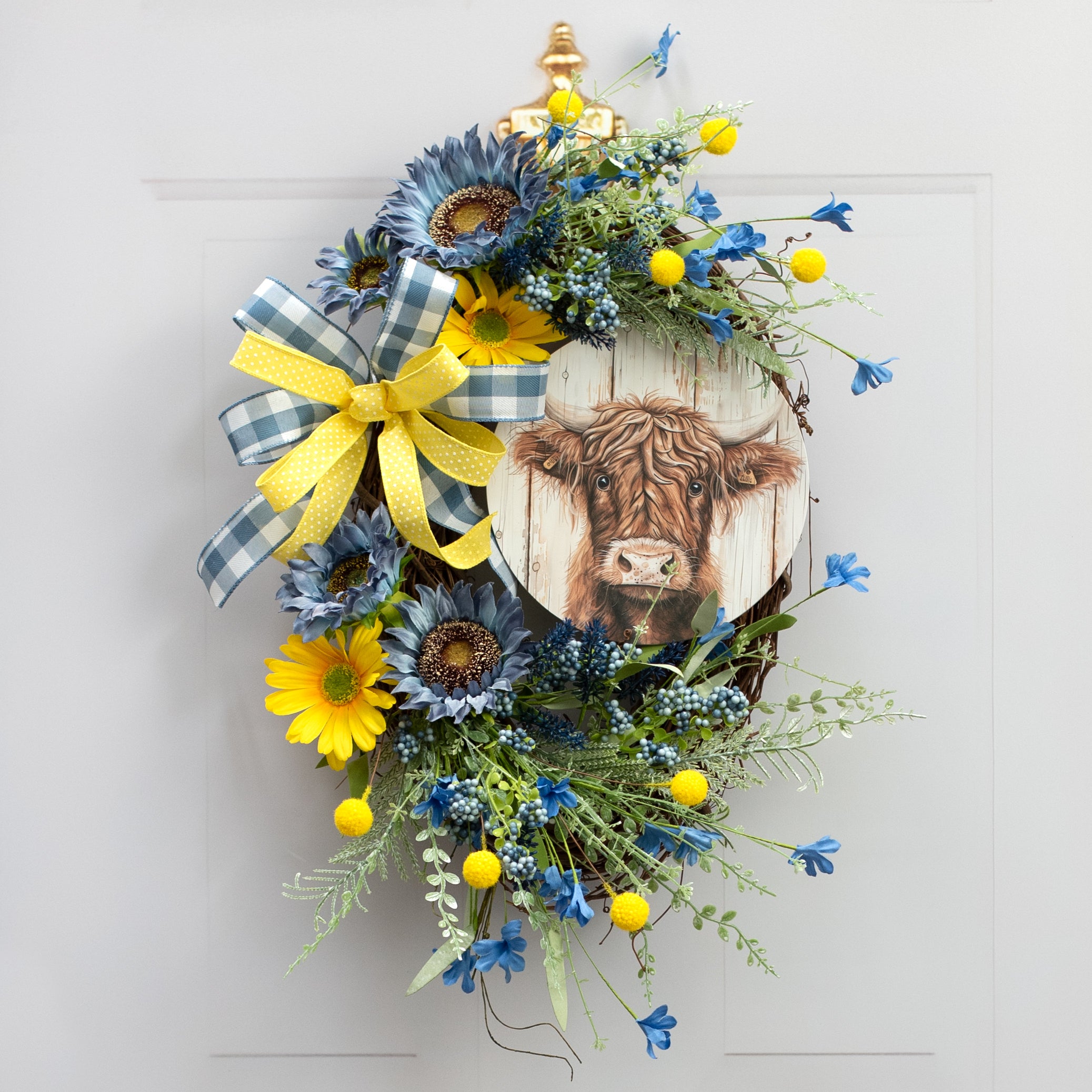 8.5" Round Waterproof Accent Sign: Highland Cow on Wood Lifestyle Photo