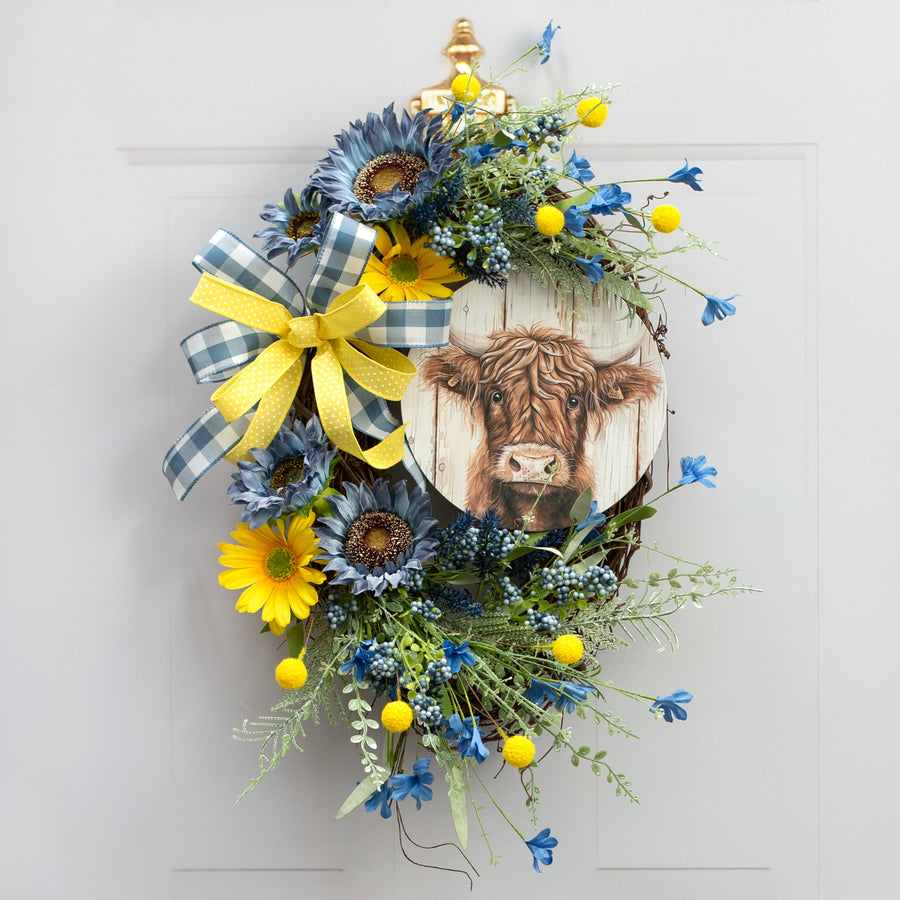 8.5" Round Waterproof Accent Sign: Highland Cow on Wood Lifestyle Photo