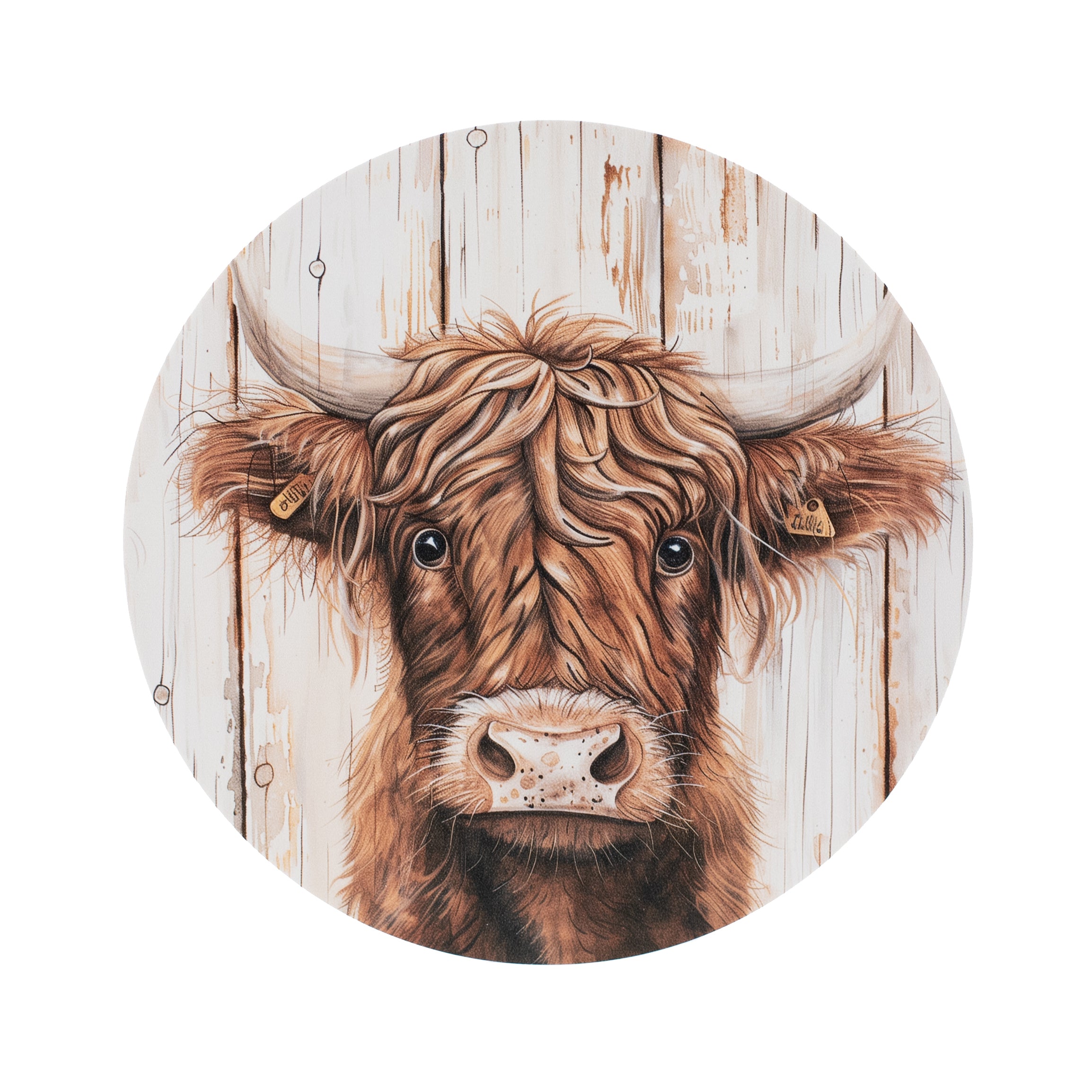 8.5" Round Waterproof Accent Sign: Highland Cow on Wood Item Number: CD1115NH