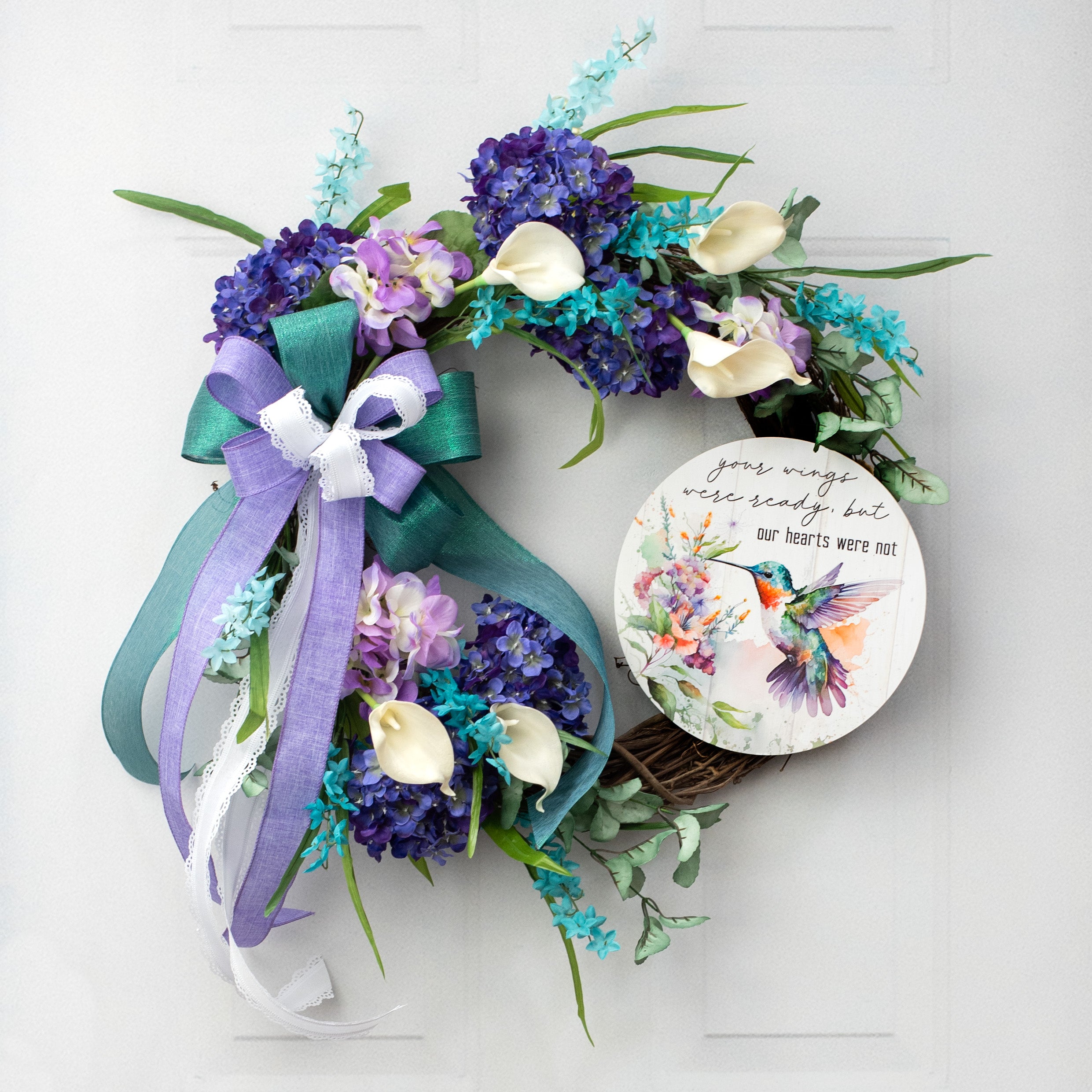 9.4" Round Waterproof Sign: Hummingbird Hearts Not Ready Lifestyle Photo