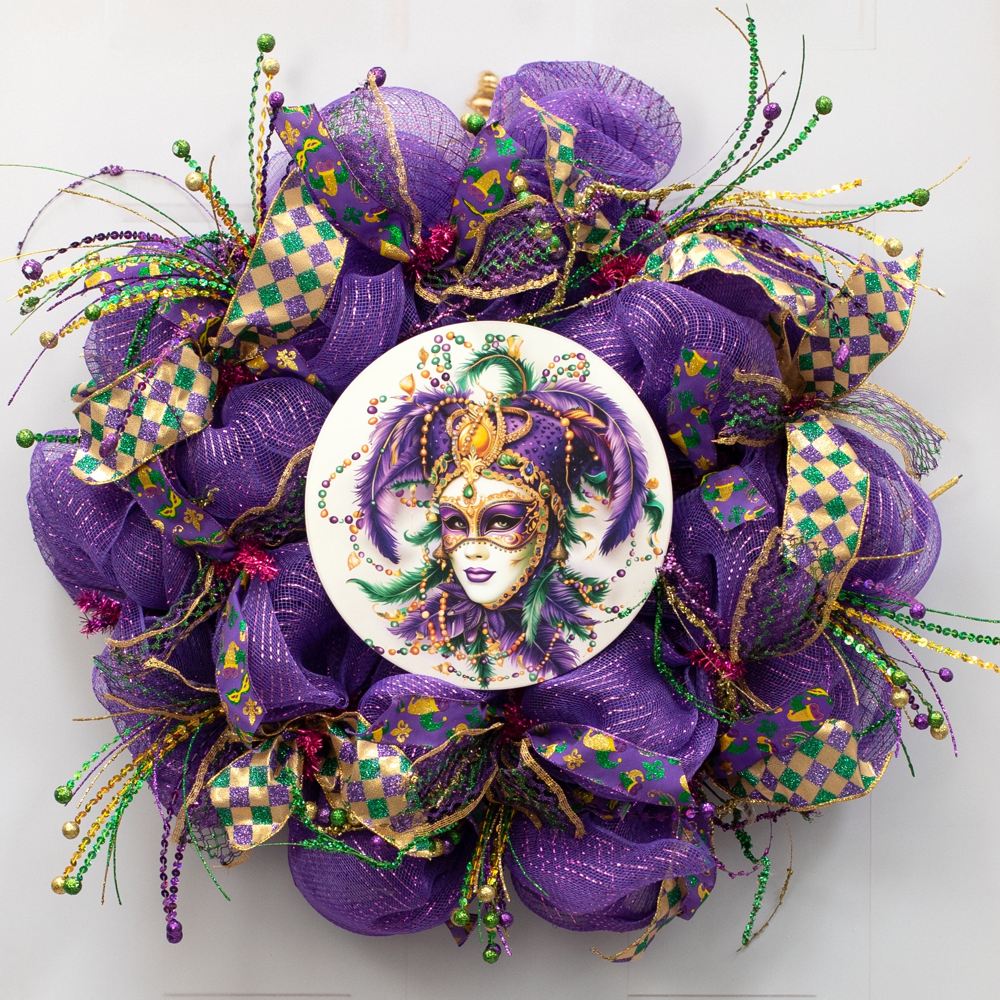 10.5" Round Waterproof Sign: Mardi Gras Jester Lady Face Lifestyle Photo