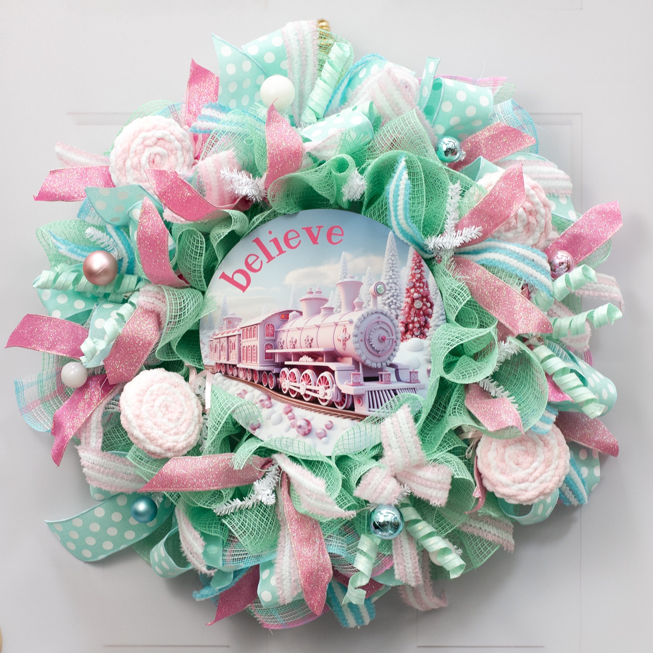 10.5" Round Waterproof Sign: Pink Winter Wonderland Train Believe Lifestyle Photo
