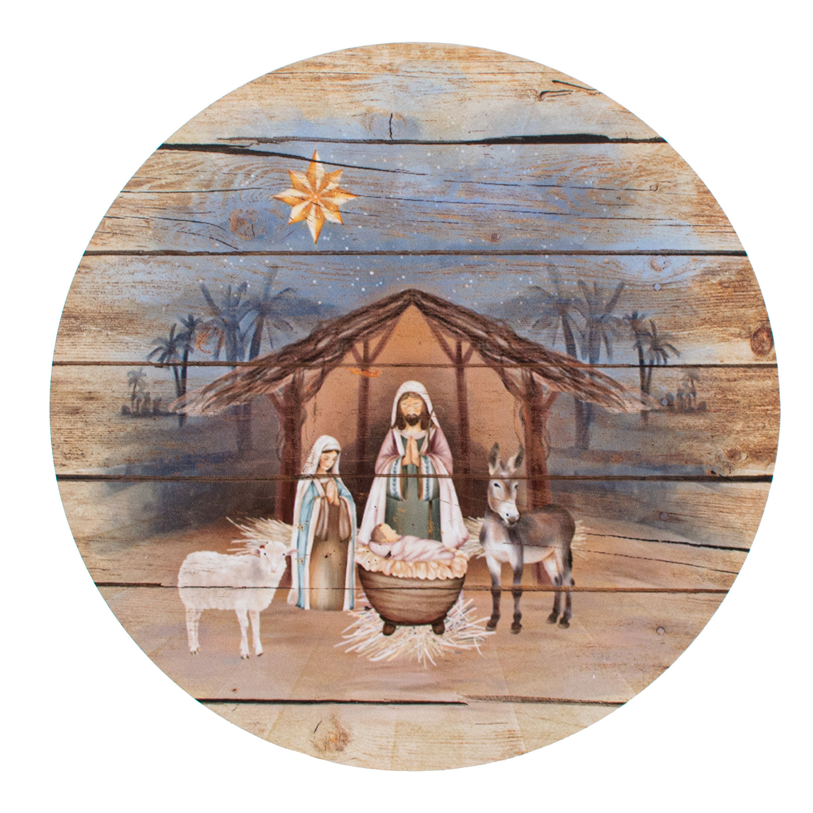 9.4" Round Waterproof Sign: Rustic Manger Nativity Item Number: CD0977NH