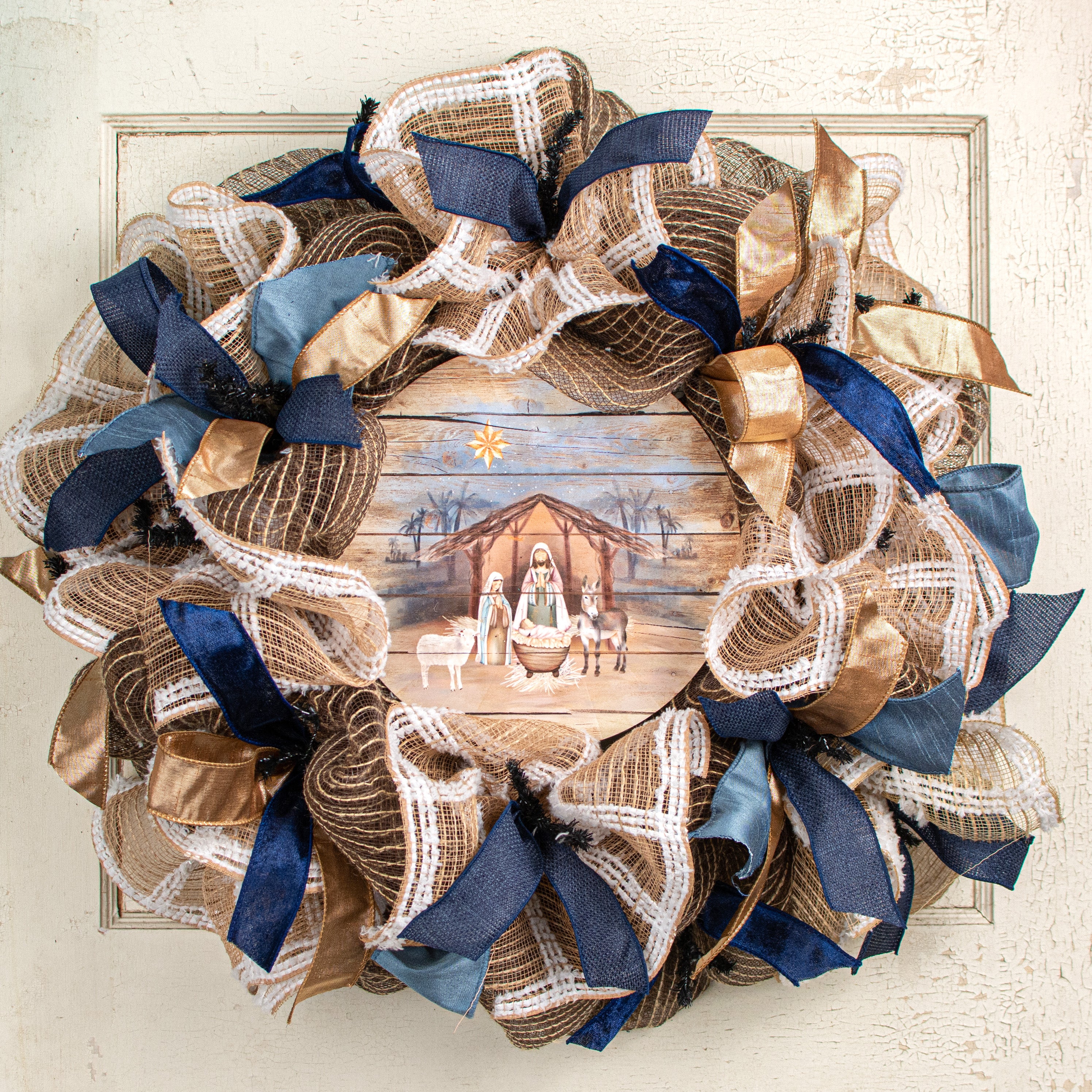 9.4" Round Waterproof Sign: Rustic Manger Nativity Lifestyle Photo