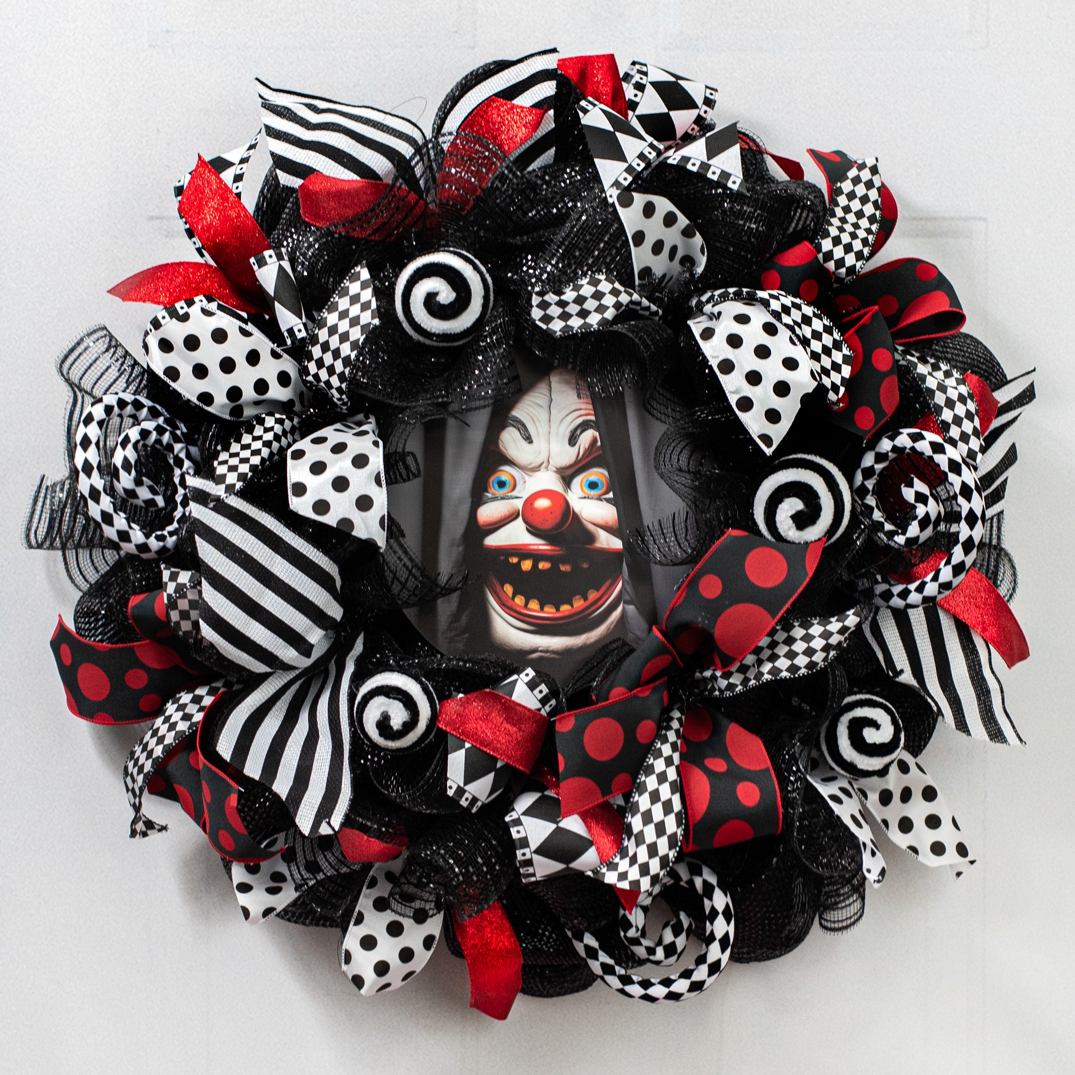 9.4" Round Waterproof Sign: Scary Peeking Clown Lifestyle Photo